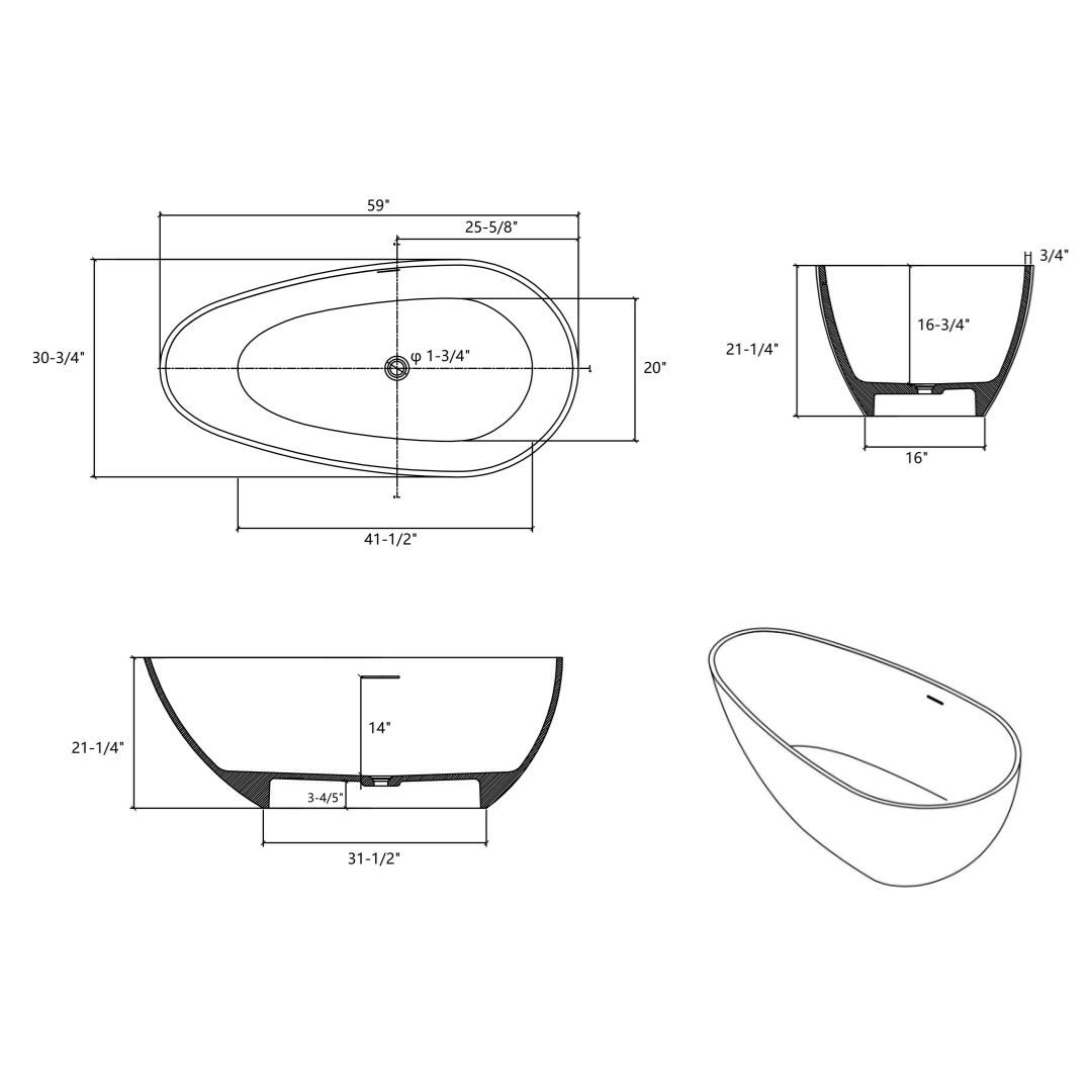 Luxury Handcrafted Stone Resin Freestanding Soaking Bathtub With Overflow In Matte White, Cupc Certified 24S02 59Mw Matte White Bathroom Freestanding Tubs Soaking Center Solid Surface