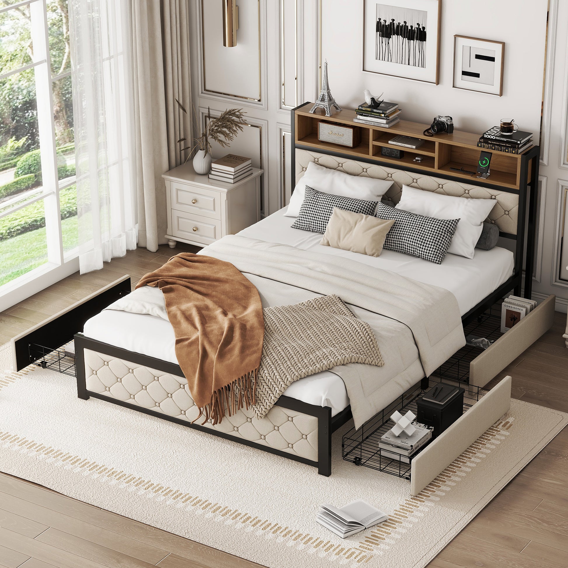 Metal Queen Size Platform Bed With 4 Drawers, Upholstered Headboard And Footboard, Sockets And Usb Ports, Beige Queen Beige Black Fabric Metal