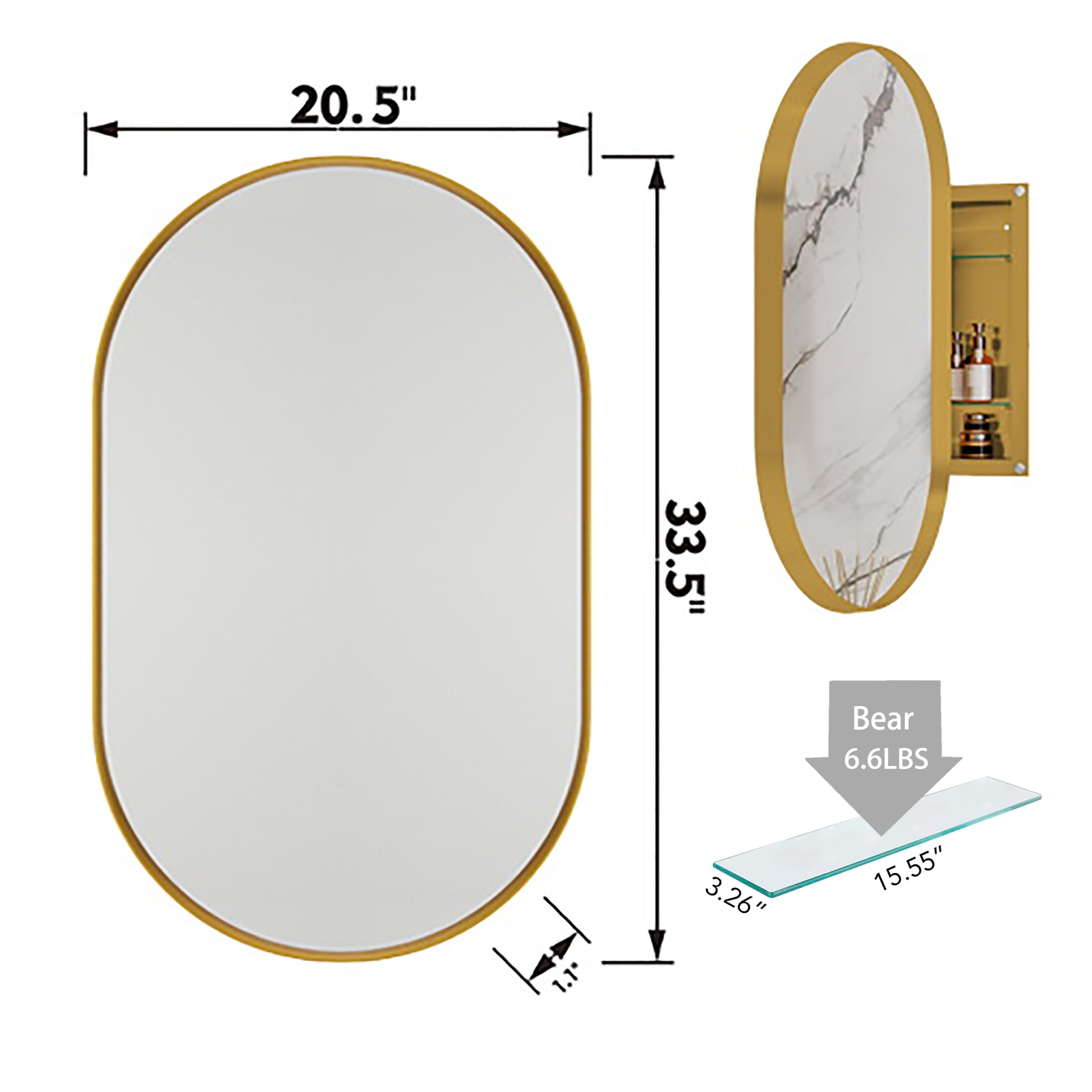 20X34 Inch Oval Recessed Medicine Cabinet, Metal Framed Bathroom Wall Cabinet With Mirror And Adjustable Shelves, Wall Mirror With Storage For Bathroom, Matte Gold Gold 2 Adjustable Shelves Bathroom