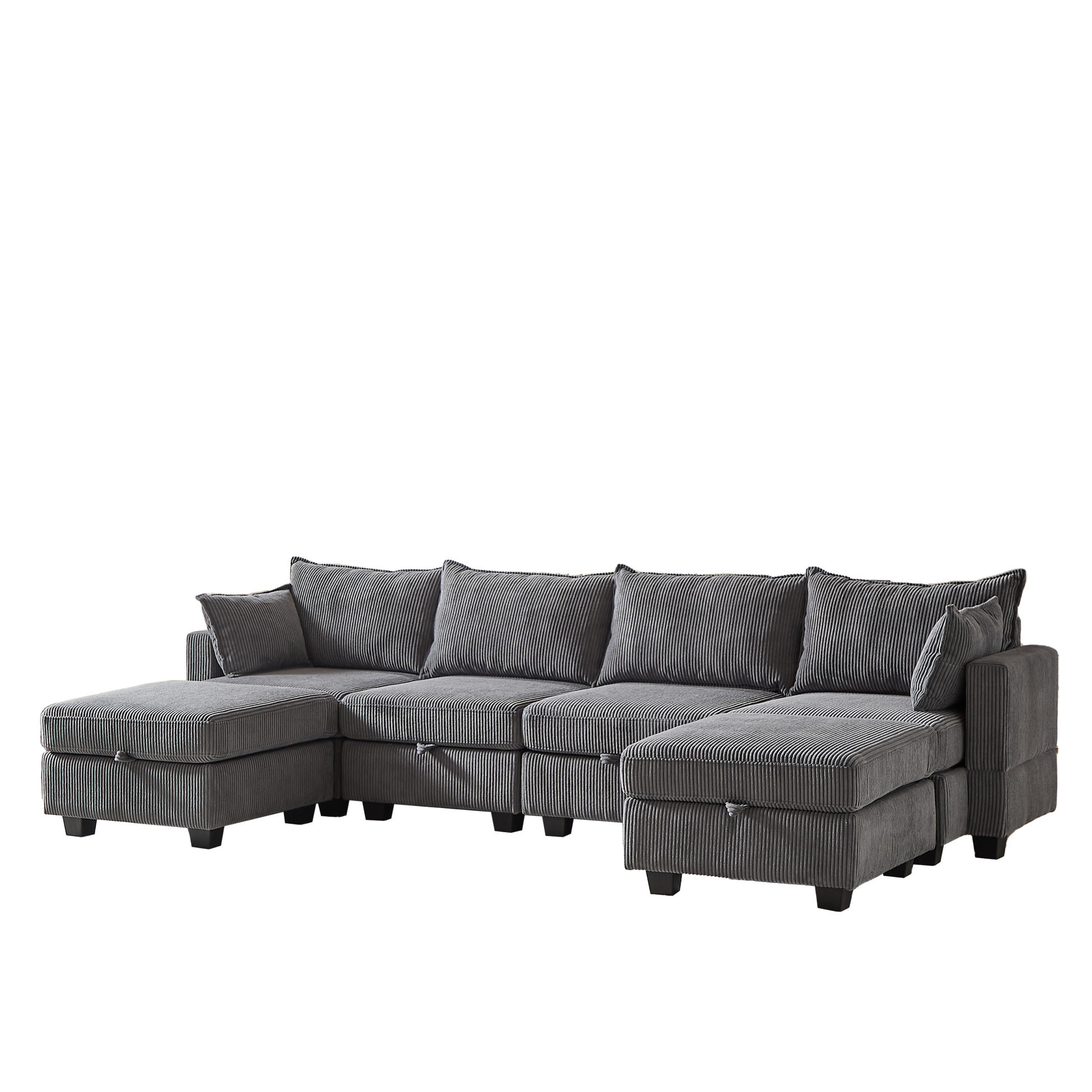 113.5'' Modular Sectiona Corduroy Sofa, Sectional Couches For Living Room U Shaped Sectional Couch With Storage Ottoman, 6 Seats Convertible Sectionals With Chaise Dark Gray Corduroy 6 Seat