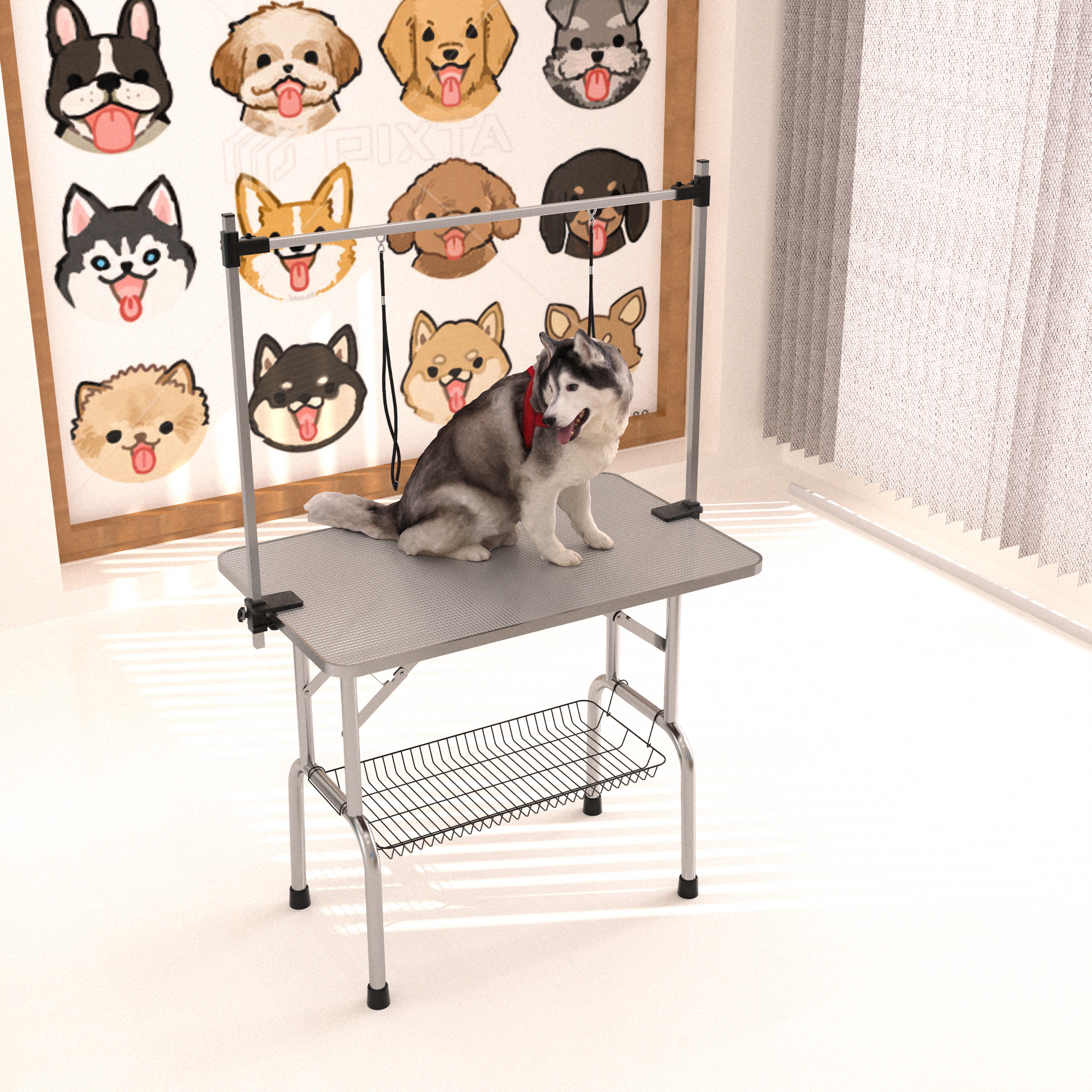 46" Folding Dog Pet Grooming Table Stainless Steel Frame Rubber Mat On Board With Adjustable Arm And Clamps Pet Dog Cat Grooming Table Silver Gray Color Silver Grey Rubber Stainless Steel