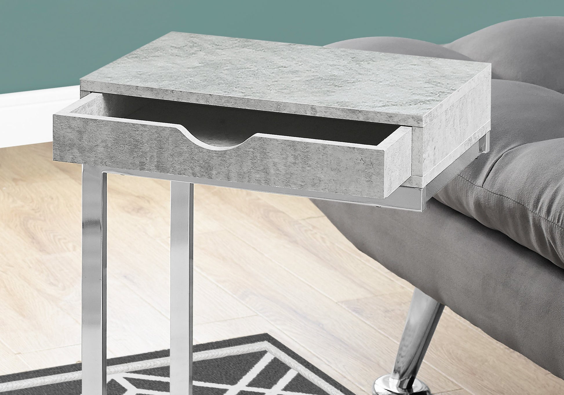 Accent Table, C Shaped, End, Side, Snack, Storage Drawer, Living Room, Bedroom, Grey Laminate, Chrome Metal, Contemporary, Modern Grey Particle Board