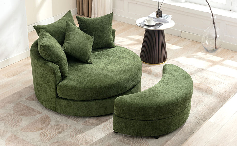 Orisfur. 360 Swivel Accent Barrel Chair With Storage Ottoman & 4 Pillows, Modern Chenille Leisure Chair Round Accent For Living Room, Green Green Foam Chenille