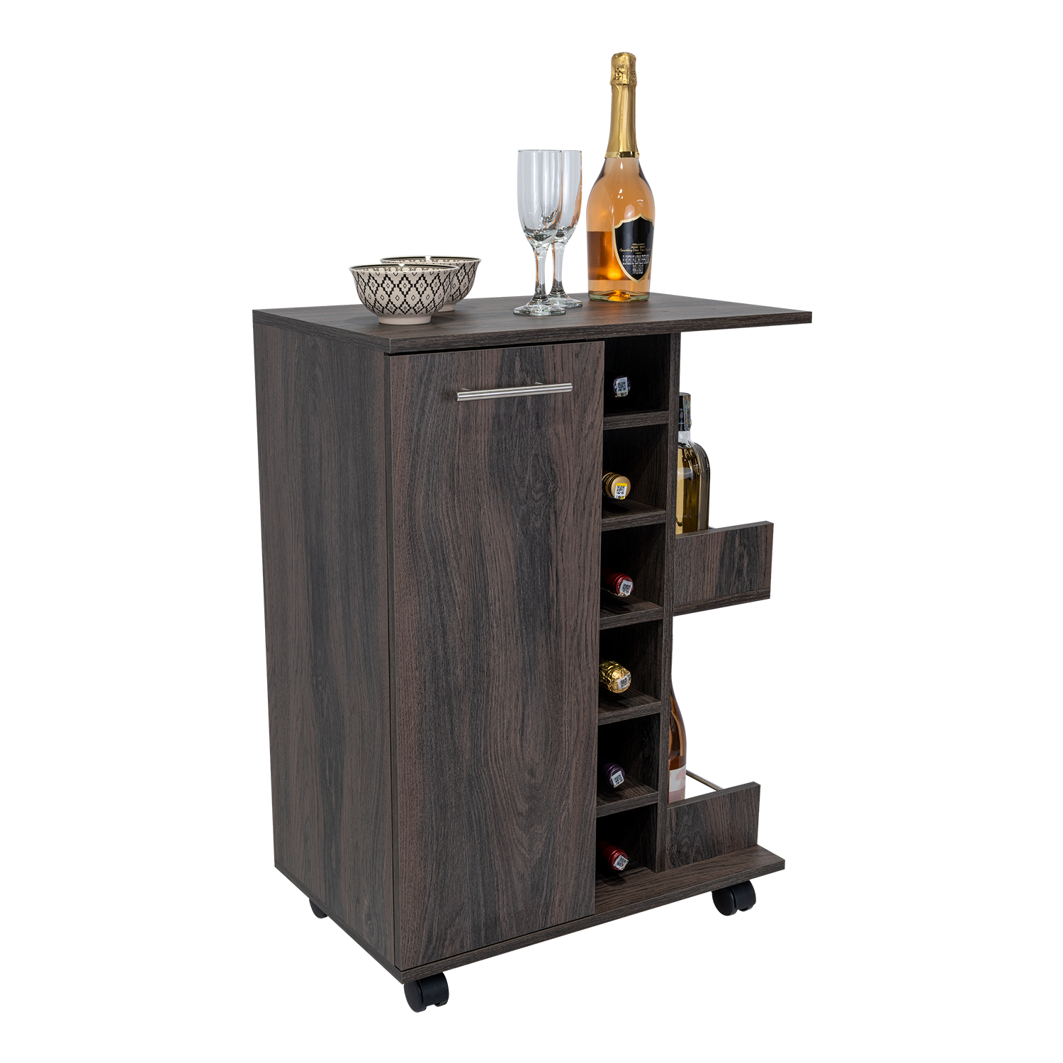 Bar Cart, Two External Shelves, Four Casters, Six Built In Wine Rack, Single Door Cabinet Espresso Brown Primary Living Space Particle Board Particle Board