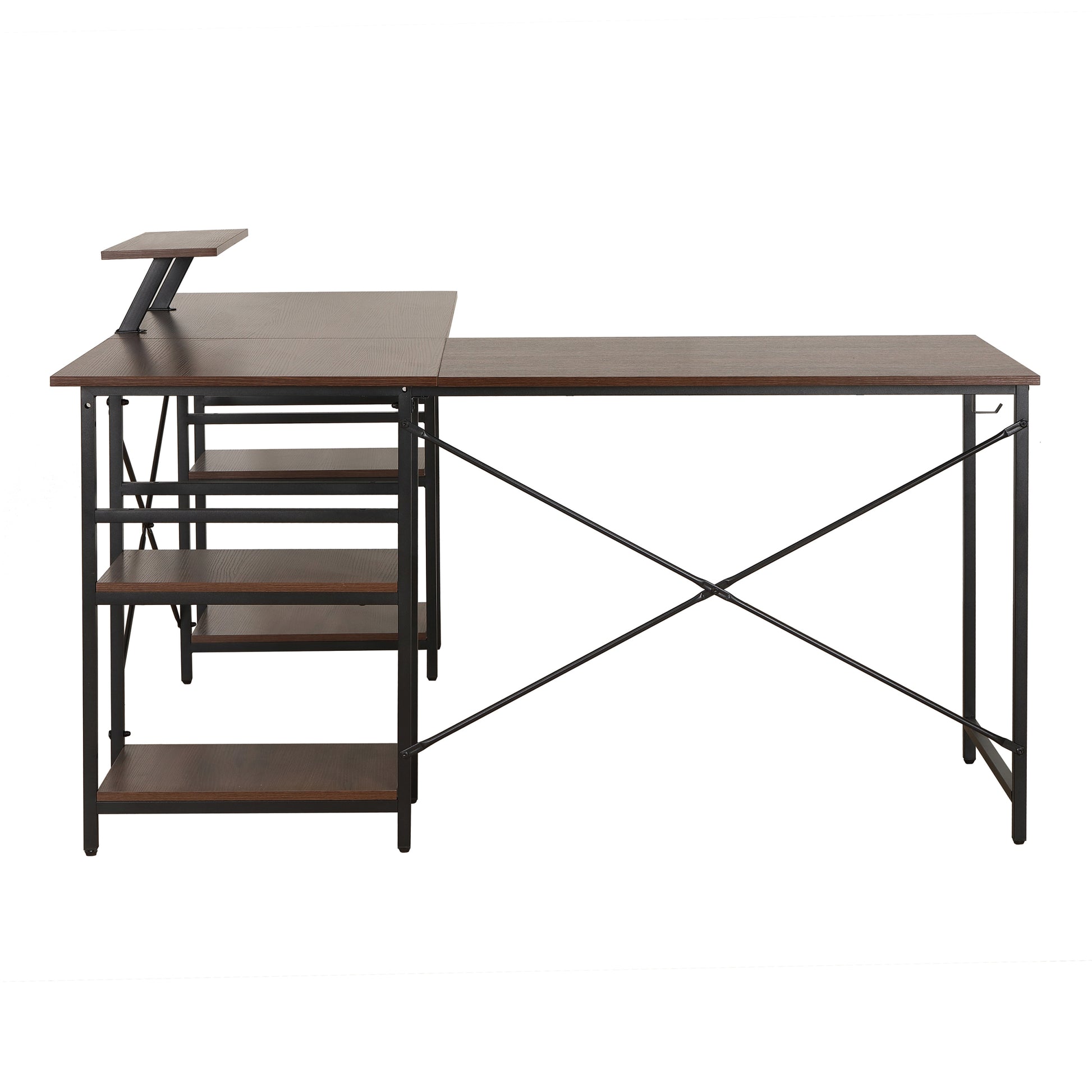 Techni Mobili L Shape Industrial Desk With Storage Shelves, Walnut Walnut Computer Desk Office Modern L Shape Particle Board