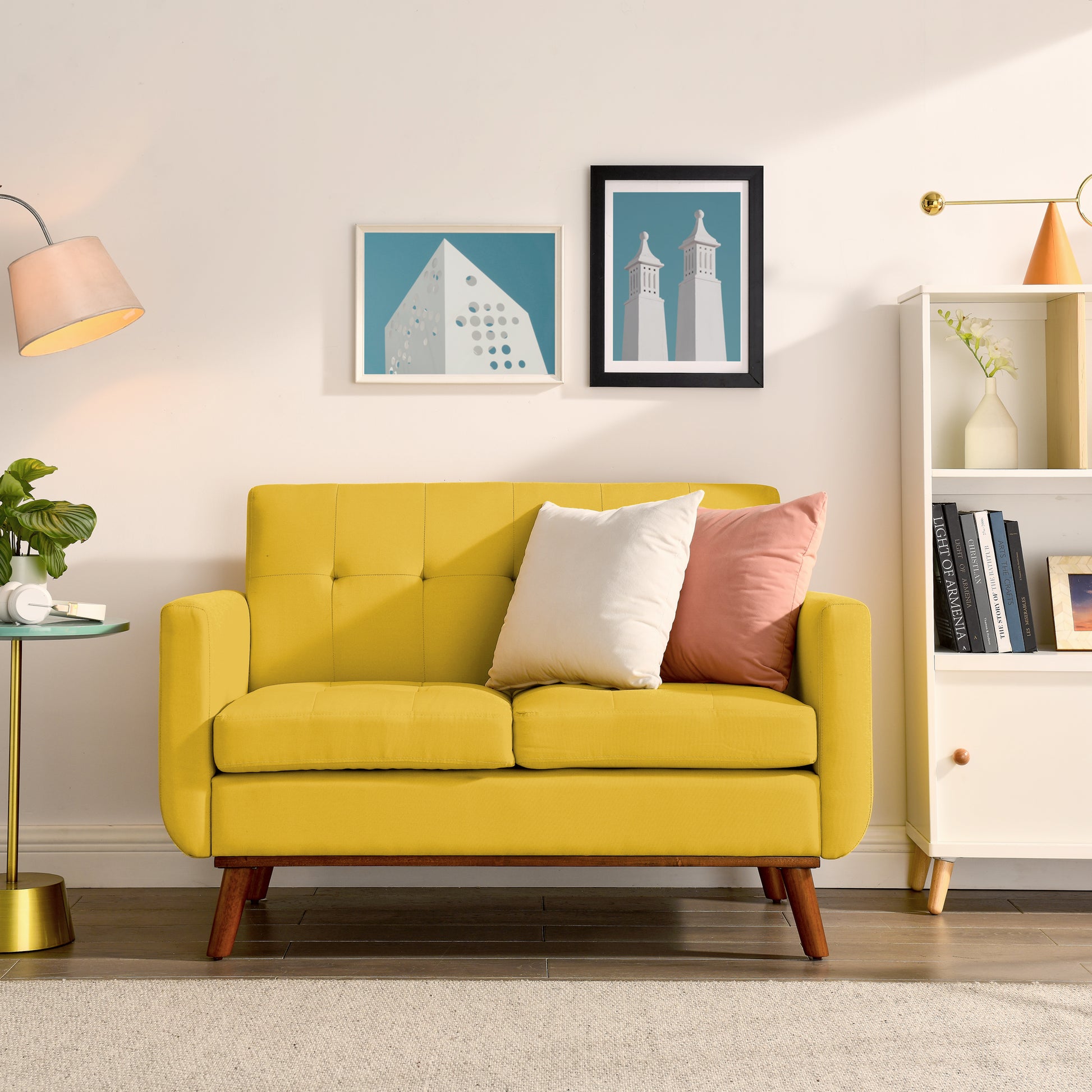 Loveseat Sofa, Mid Century Modern Decor Beautiful Seat Couches For Living Room, Button Tufted Upholstered Small Couch For Bedroom, Solid And Easy To Install Beautiful Seats Furniture, Yellow Yellow Foam 2 Seat