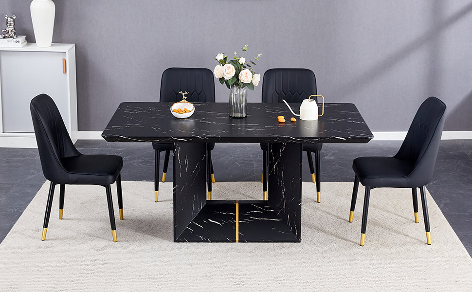 Table And Chair Set.This Modern Dining Table With Mdf Marbled Design Gives You A Luxurious And Elegant Feel.Paired With Multiple Chairs With Pu Artificial Leather Backrest Cushions And Black Legs. Black Seats 4 Mdf