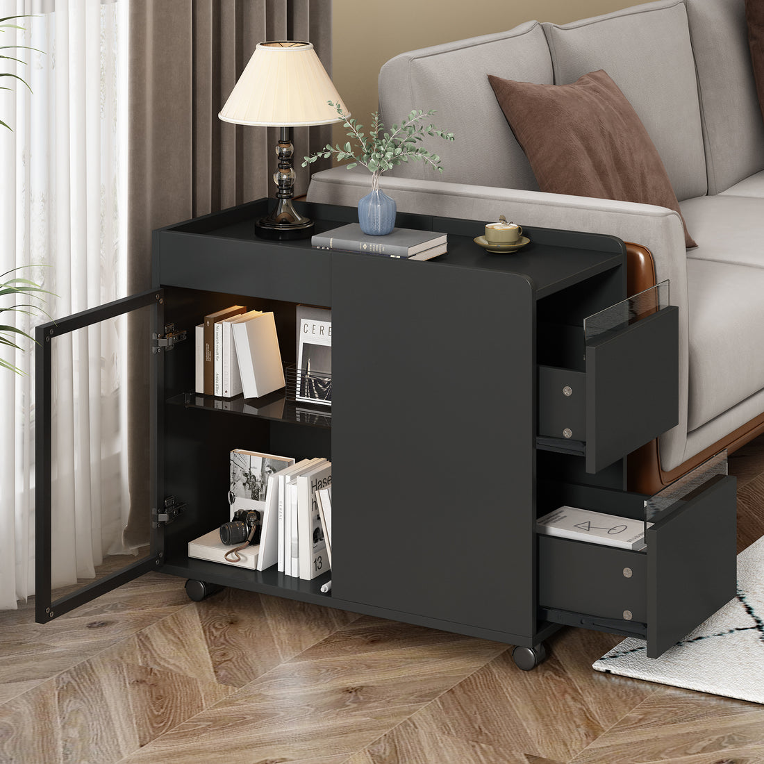 Modern End Table With Led Light And Wheels, Side Table With Transparent Brown Glass Door, 2 Storage Shelves And Drawers For Living Room, Black Black Mdf