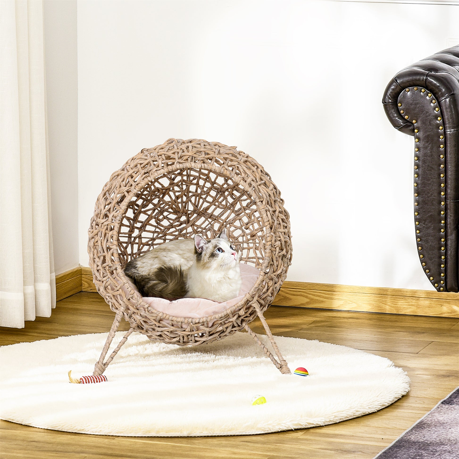 Pawhut 20.5" Weaved Cat Bed, Elevated Hand Woven Braided Banana Leaf Kitten House Condo With Cushion, Beige Beige Rattan