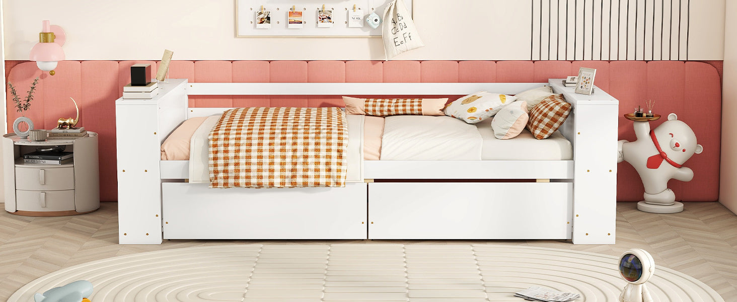 Twin Size Daybed With Shelves And Drawers, White Twin White Pine