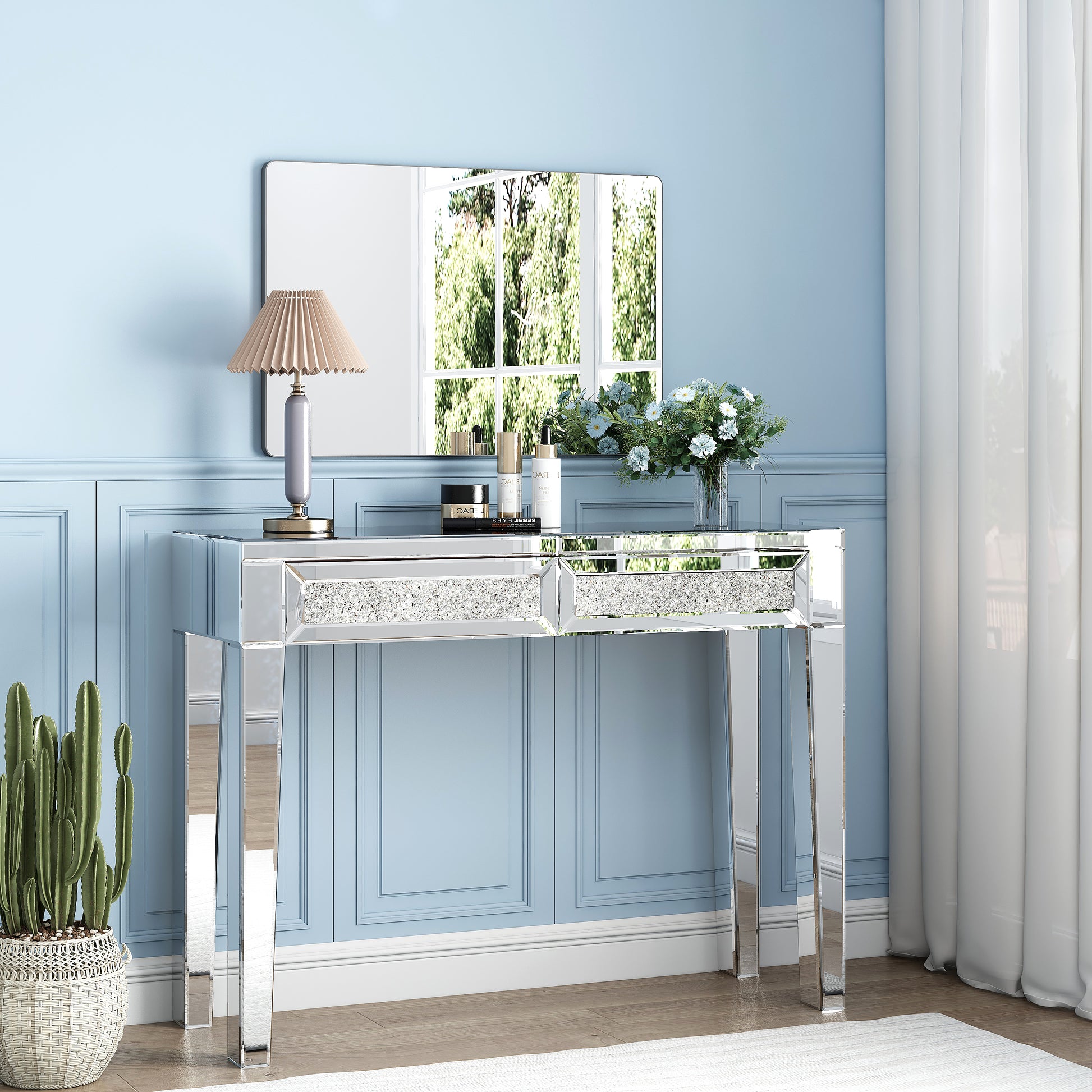 Mirrored Vanity Table Diamond Inlay 2 Drawer Silver Drawer 2 Drawers Bedroom Luxury,Modern Mirrored Finish Mirrored Mdf Glass,Mirror Mirrored Vanity Table Diamond Inlay 2 Drawer Silver Drawer 2 Drawers Bedroom Luxury,Modern Mirrored Finish Mirrored Mdf Glass,Mirror