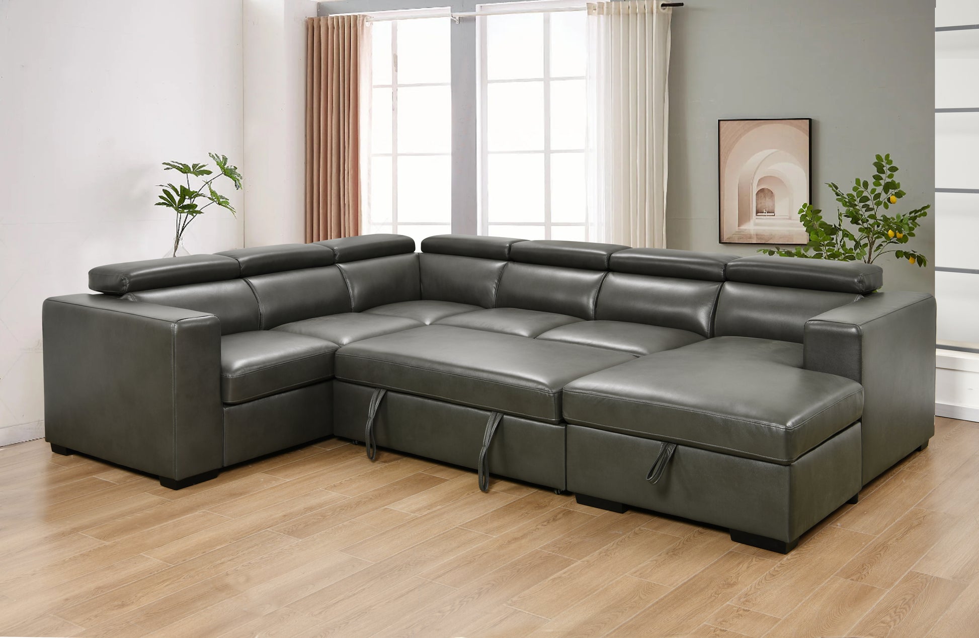 123" Modern U Shaped 7 Seat Sectional Sofa Couch With Adjustable Headrest, Sofa Bed With Storage Chaise Pull Out Couch Bed For Living Room ,Gray Light Brown Wood Primary Living Space Heavy Duty Eucalyptus 7 Seat Gray Faux Leather Soft Cushion Back Modern