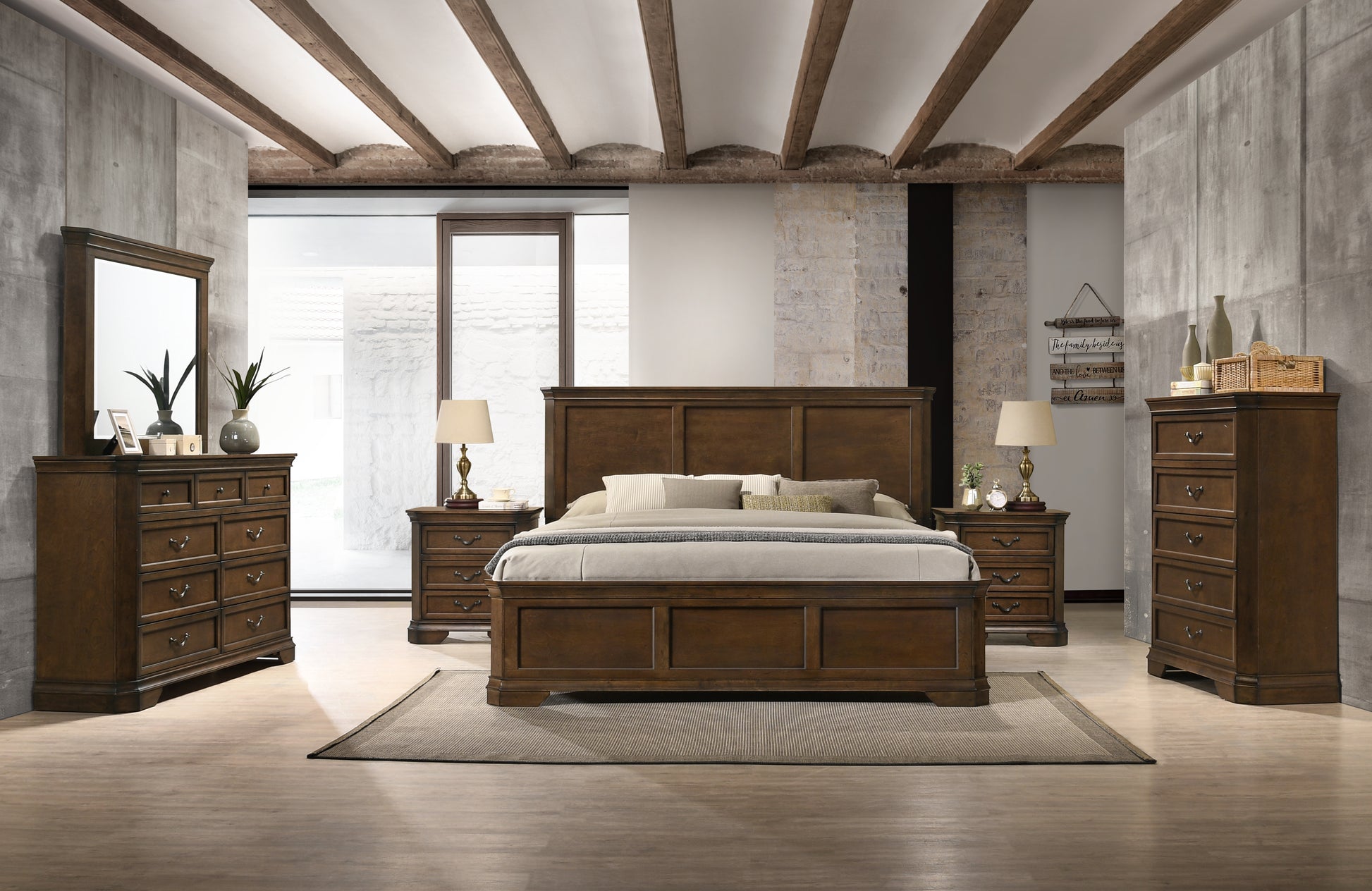 Maderne Traditional Wood Panel 6 Pieces Queen Bed Set With Dresser, Mirror, Two Nightstands, Chest Box Spring Required Queen Walnut Brown Wood Brown 6 Piece Set Bedroom Bed Included,Chest Included,Dresser Included,Mirror Included,Nightstand Included