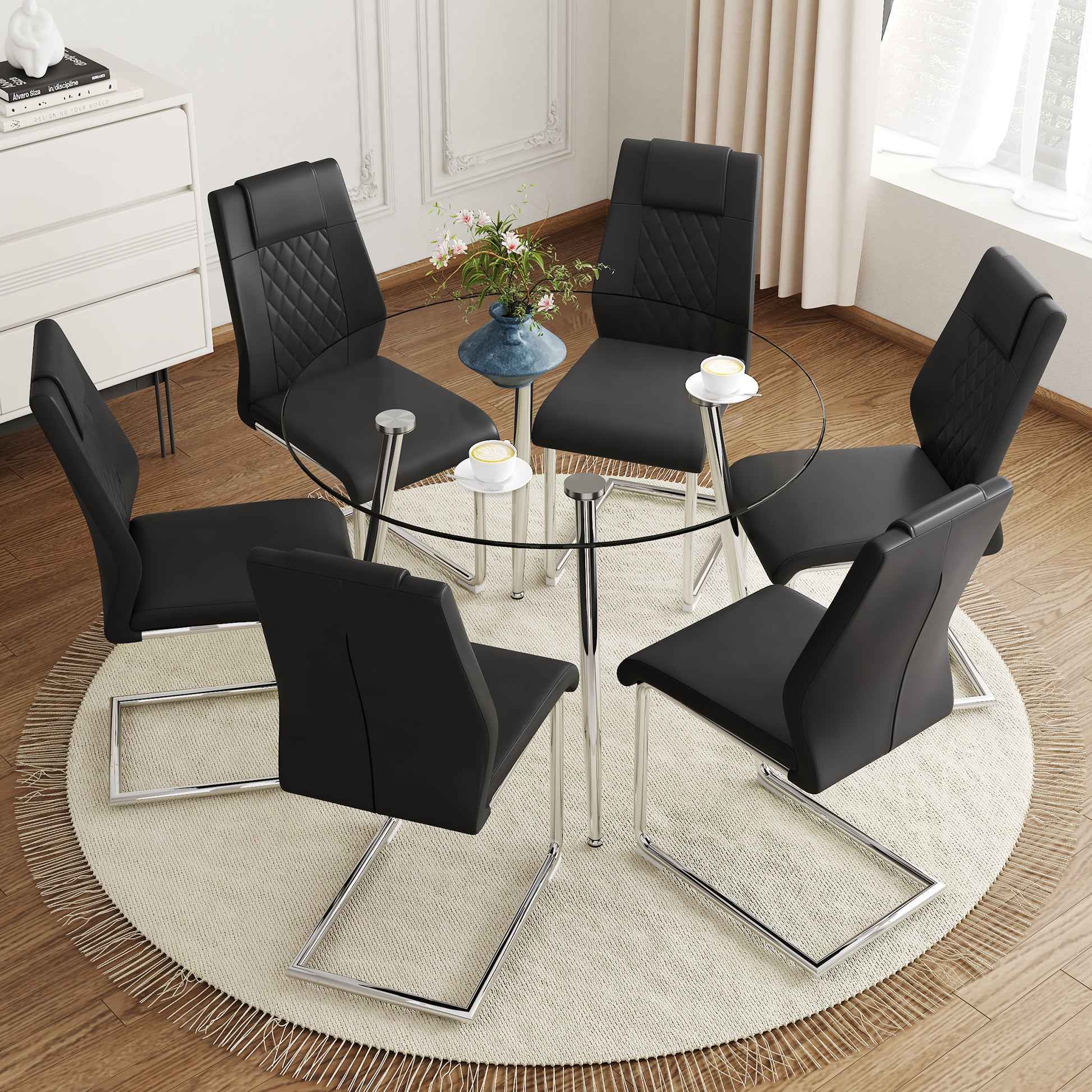 Table And Chair Set.A Modern Minimalist Round Dining Table With Transparent Tempered Glass Top And Silver Metal Legs,Paried With Chairs With Pu Backrest And Seat Cushion And Silver C Tube Metal Legs. Black,Transparent Seats 6 Glass Metal