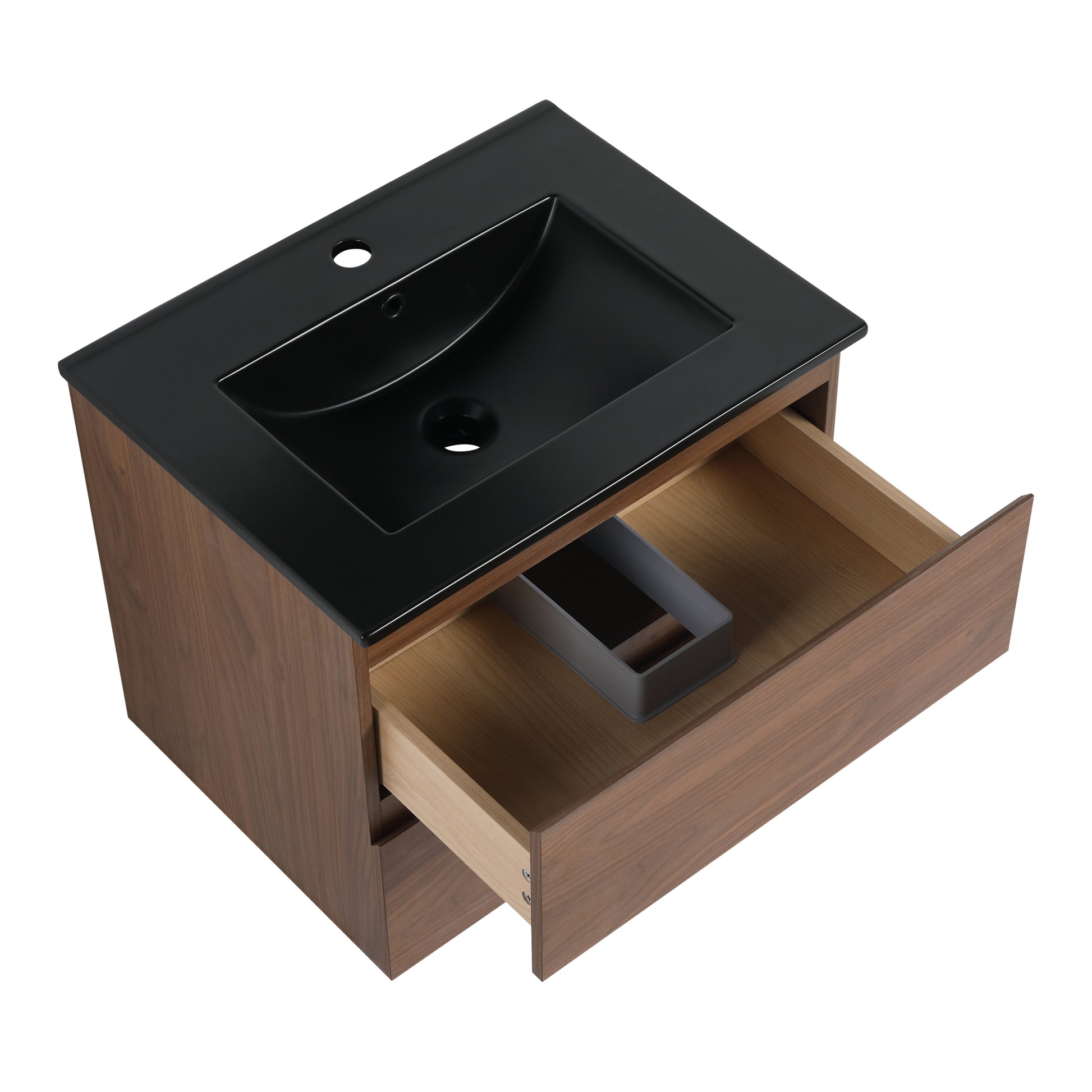 24" Wall Mounted Bathroom Vanity With Black Ceramic Sink, 2 Soft Close Drawers, Kd Package 2 Brown Oak Bathroom Wall Mounted Modern Plywood