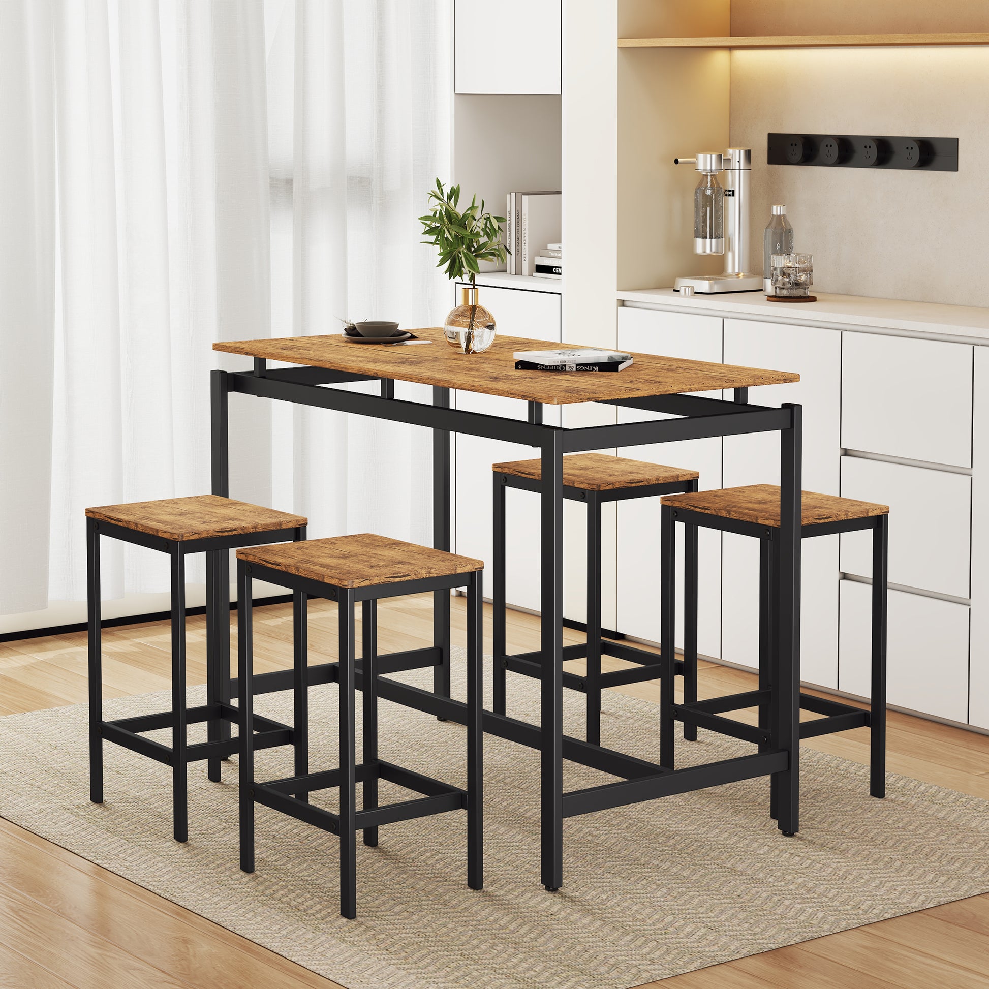 5 Piece Compact Bar Table Set With Table And Stools Modern Industrial Design, Space Saving Furniture For Dining Room And Breakfast Nook Brown Brown Mdf Steel