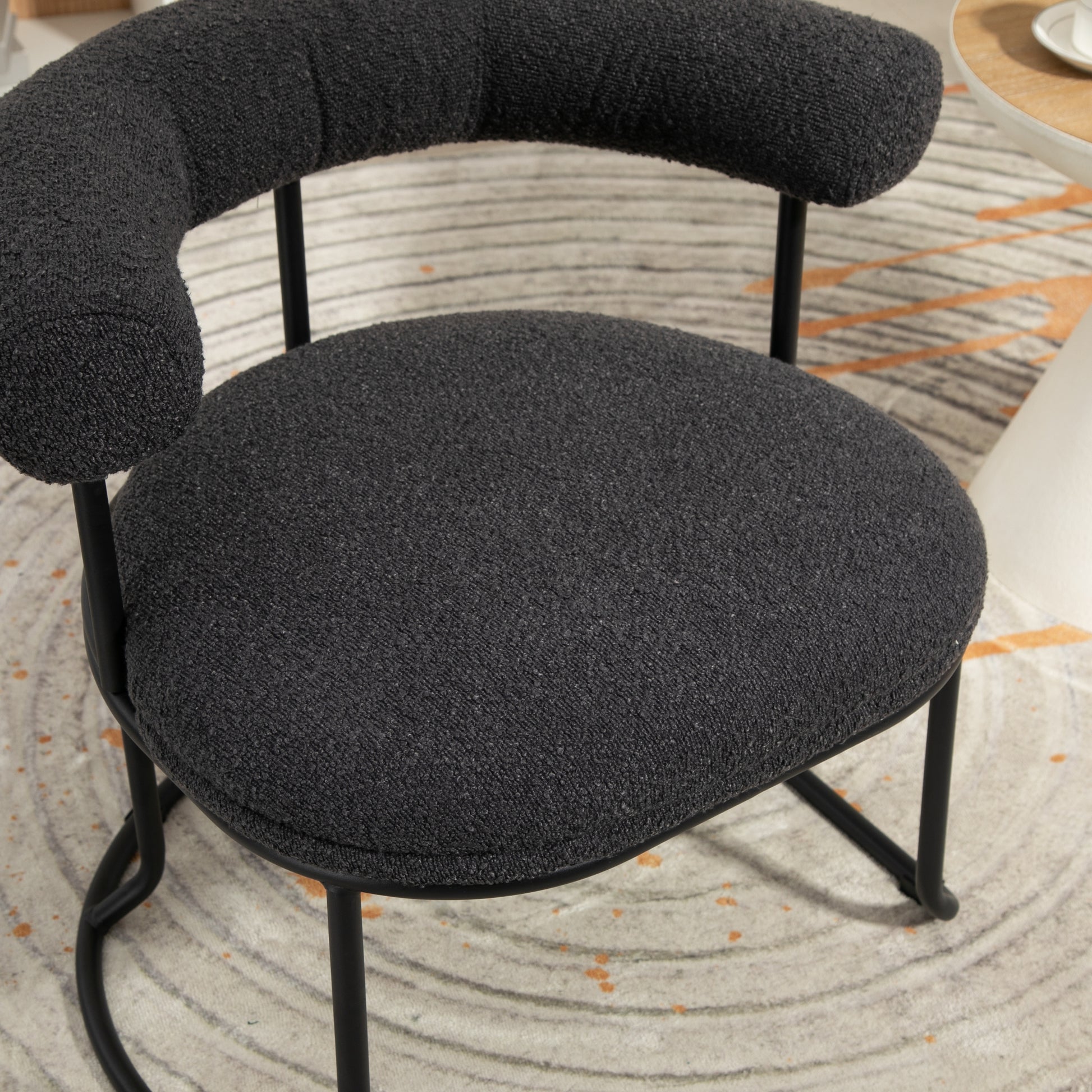 Coolmore Boucle Dining Chairs Set Of 2, Mid Century Modern Curved Backrest Chair, Round Upholstered Kitchen Chairs Carbon Black Boucle Carbon Black Foam Mdf Metal