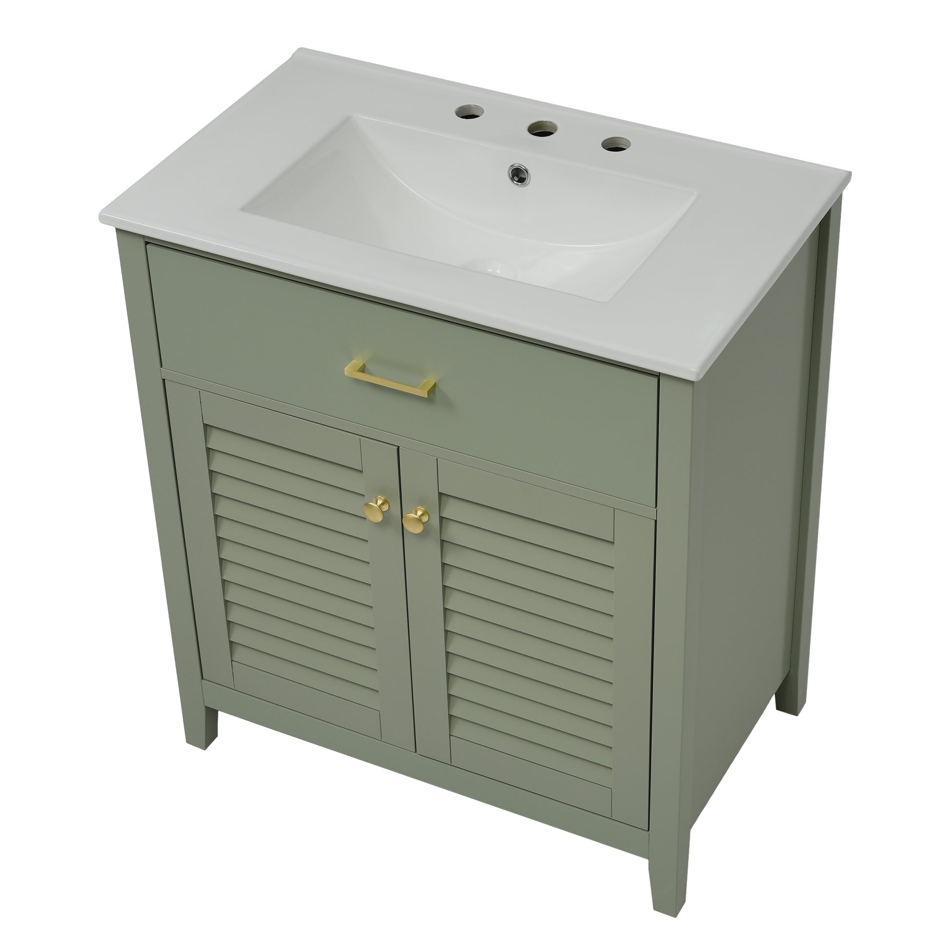 30 Inch Bathroom Vanity With Ceramic Sink Combination, Large Storage Features 1 Pullout And Multifunctional Shelf Dividers Green Bathroom Solid Wood Mdf