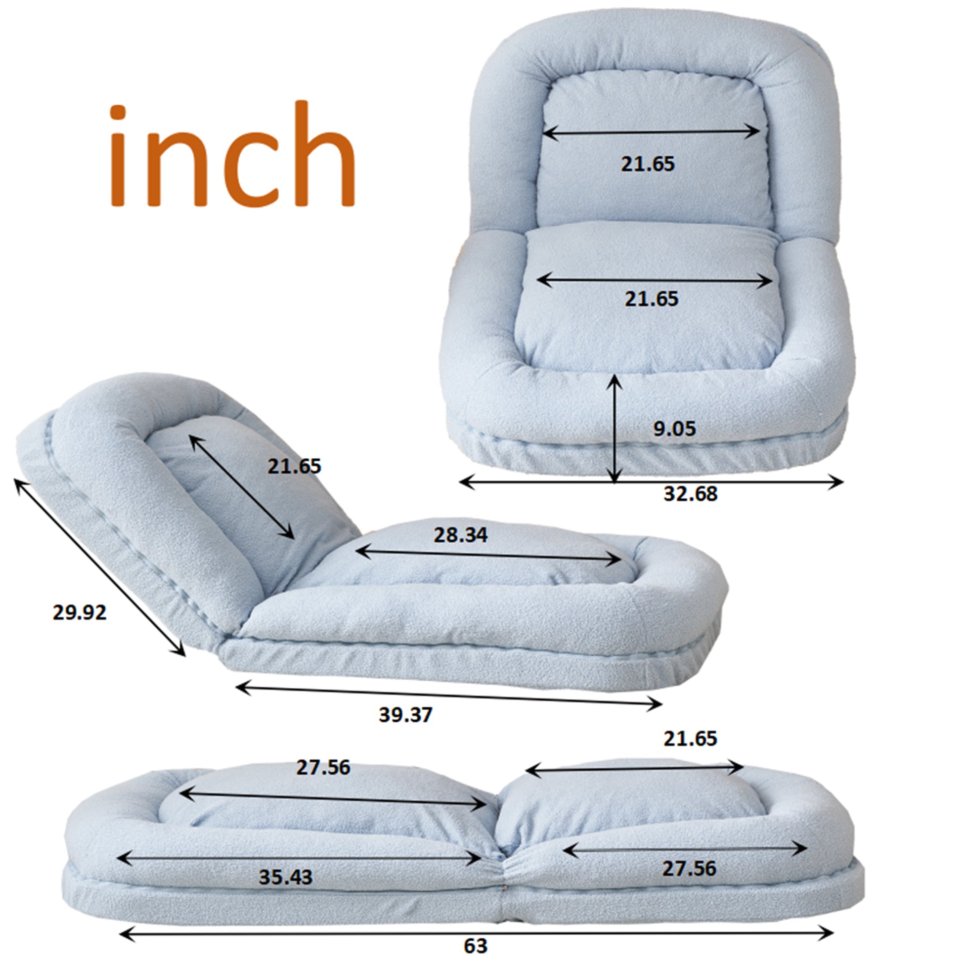 Triple Fold Down Sofa Bed,Blue Blue Metal Cotton Metal