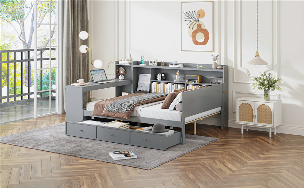 Full Size Wooden Daybed With 3 Drawers, Usb Ports And Deskgray Full Gray Wood