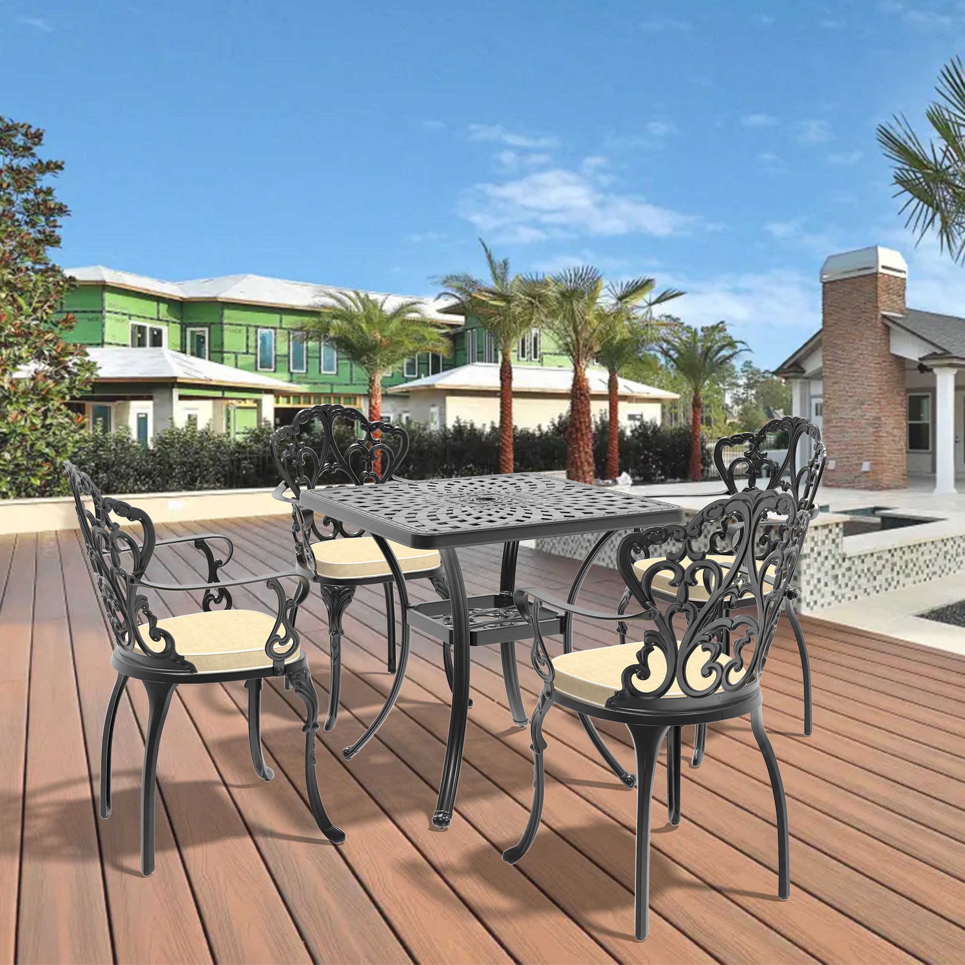 Cushions In Random Colors 5 Piece Set Of Cast Aluminum Patio Furniture With Cushions Yes Dining Set Black Seats 4 Rust Resistant Frame Water Resistant Cushion Garden & Outdoor Complete Patio Sets Aluminium
