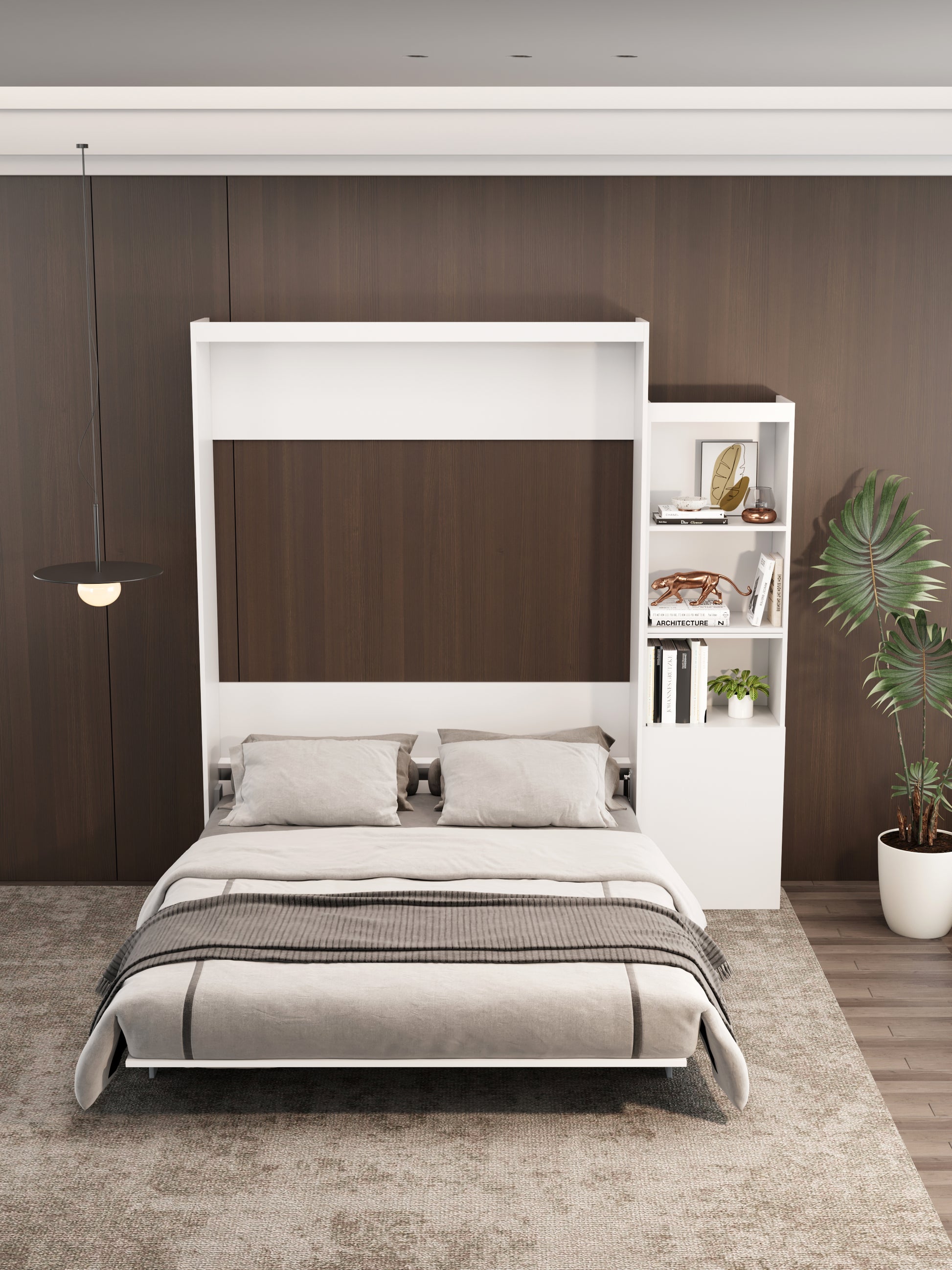 Queen Size Morden Deisgn Big Size Vertical Murphy Bed With Table And Shelf For Bedroom Or Guestroom White Wall Bed Space Saving Hidden Bed With Style Gas Struts Box Spring Not Required Queen White Metal Bedroom Murphy Plywood