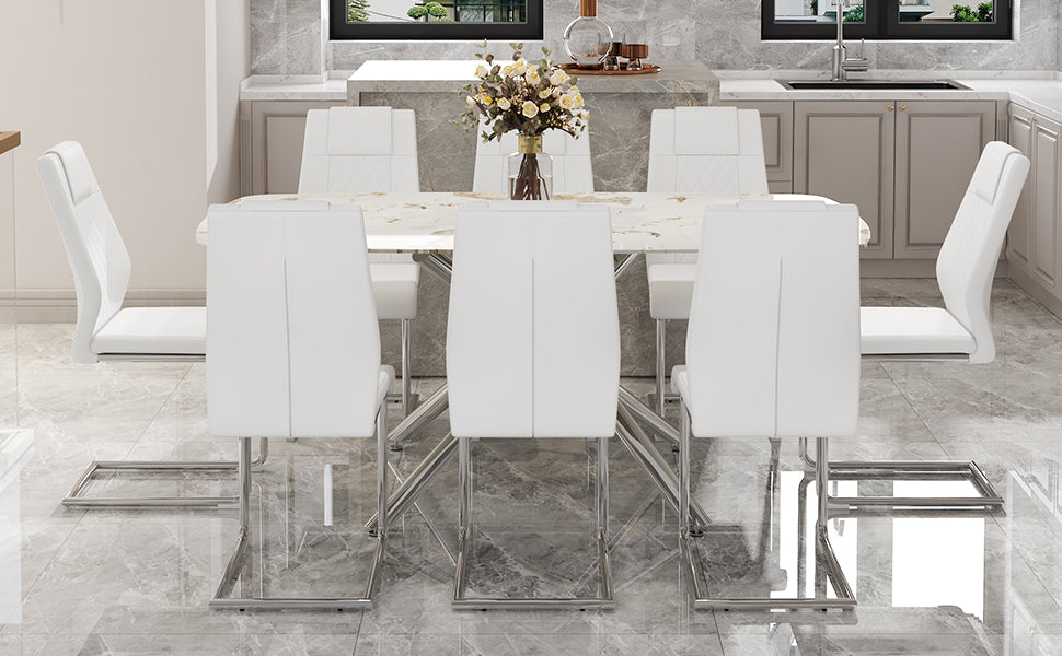 Table And Chair Set.Modern Luxurious White Marble Patterned Tempered Glass Dining Table With 8 Chairs.Single Fork Silver Metal Table Legs.White High Quality Pu Dining Chairs With Silver Metal Legs.