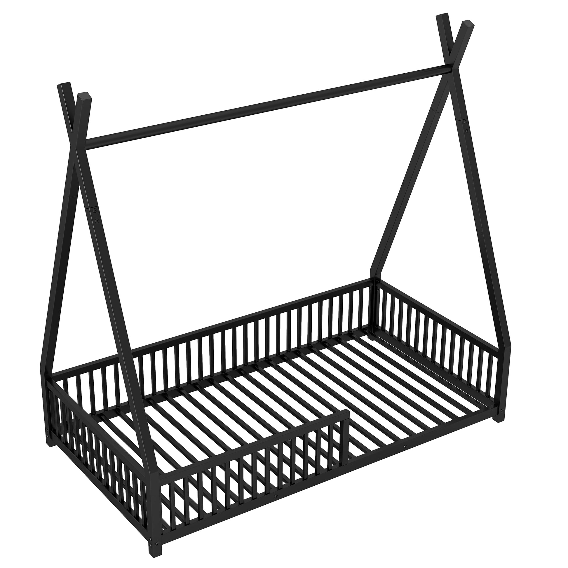 Metal Twin Size House Platform Bed With Triangle Structure And Guardrail, Black Box Spring Not Required Twin Black Metal Metal