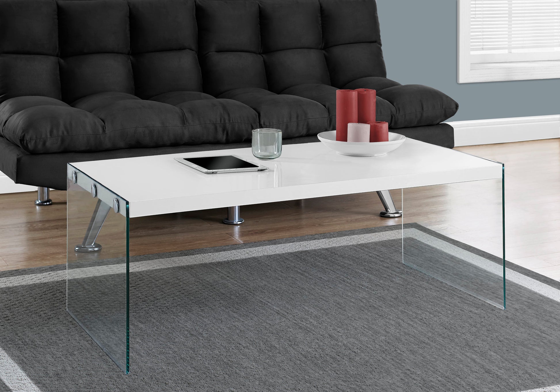 Coffee Table, Accent, Cocktail, Rectangular, Living Room, 44"L, Glossy White Laminate, Clear Tempered Glass, Contemporary, Modern White Mdf