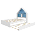 Full Size House Shaped Bed With Bookcase Headboard And Led Light And Twin Size Trundle For Kids Boys Girls, Blue White Box Spring Not Required Full White Blue Wood Bedroom Cute Bed Frame Wood