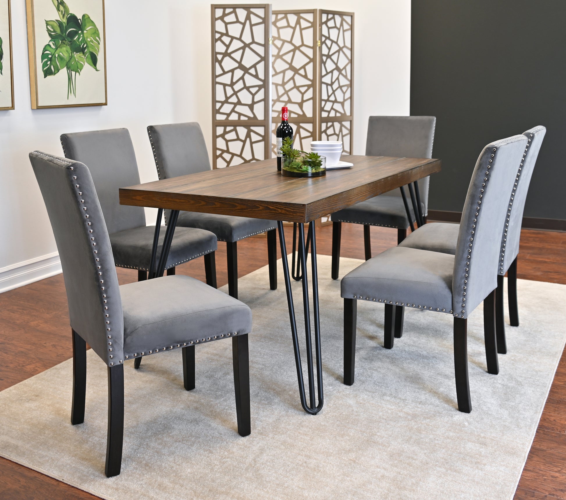 Aso 7 Piece Dining Set, Hairpin Dining Table With 6 Chairs, 3 Color Options Brown Metal Dining Room Fixed Table Rubberwood Rectangular Dining Table With Chair Metal Wood Brown Seats 6 Rectangular 4 Leg Mdf Metal