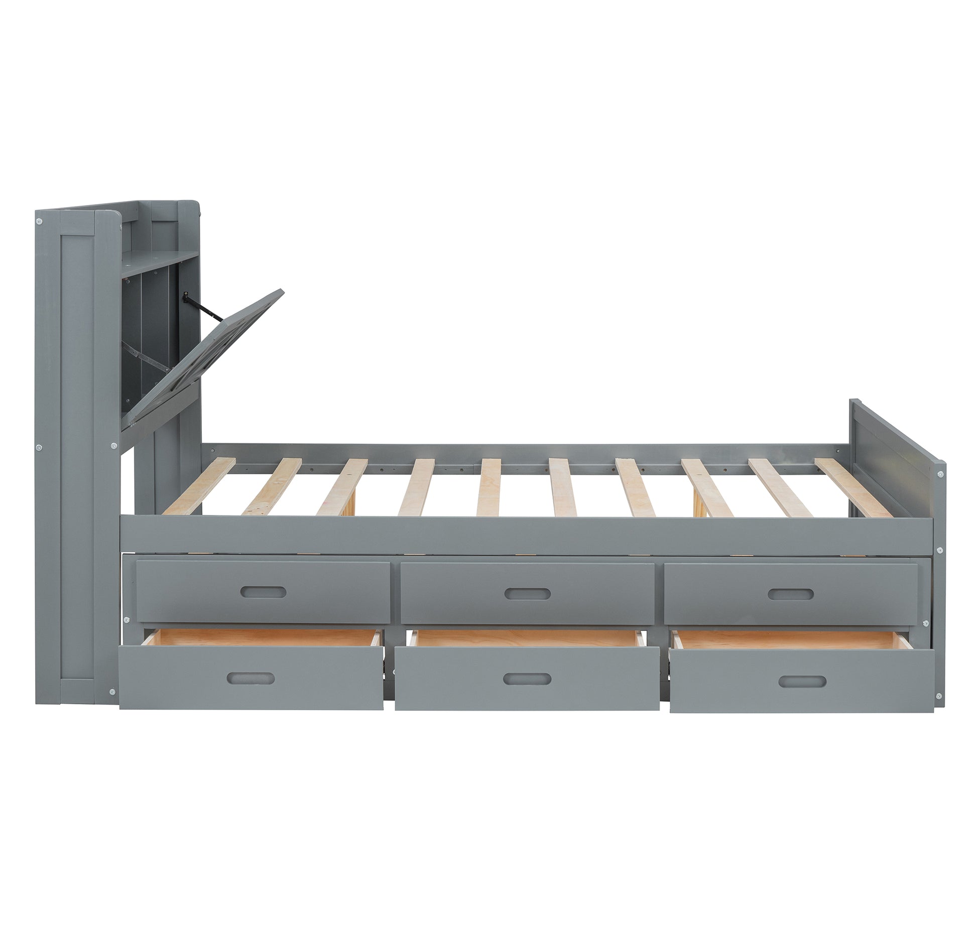Full Size Wooden Bed With Storage Headboard With Outlets, Extendable Bed With Twin Size Trundle With Three Storage Drawers,Gray Full Gray Wood
