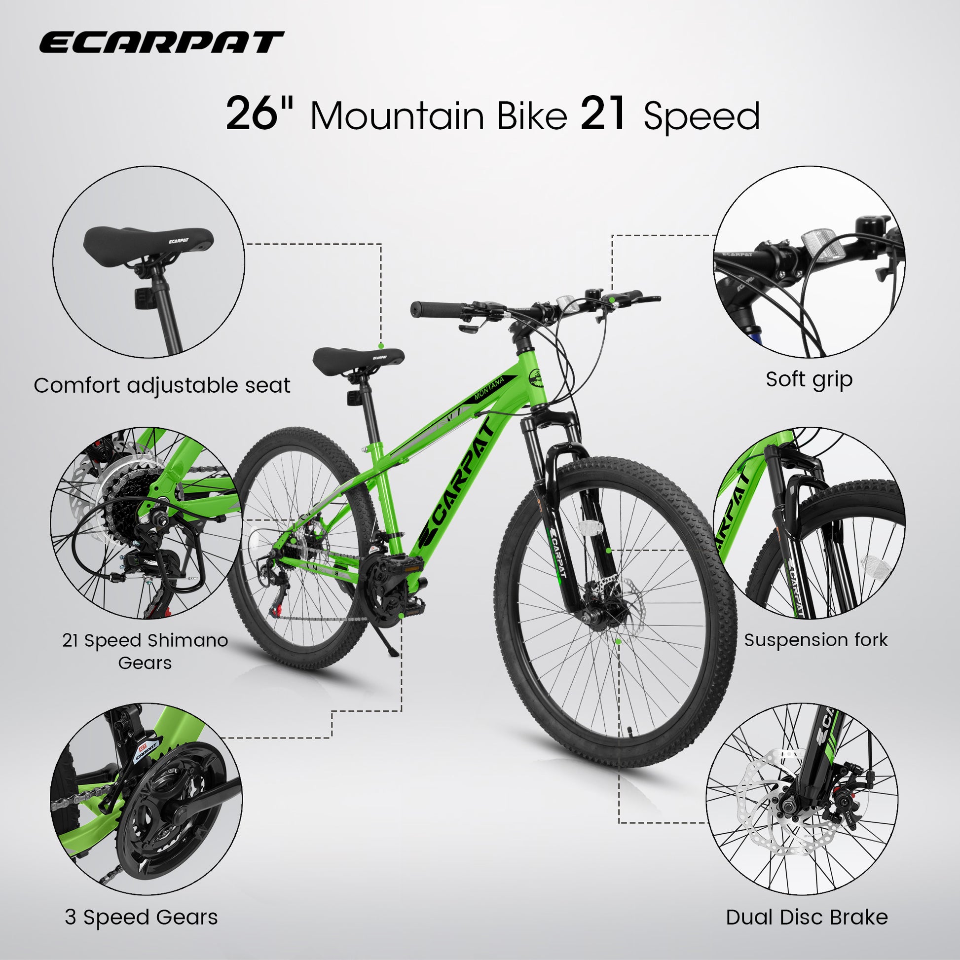 A2610 26 Inch Mountain Bike 21 Speeds, Suspension Fork, Steel Frame Disc Brake For Men Women Mens Bicycle Green Steel