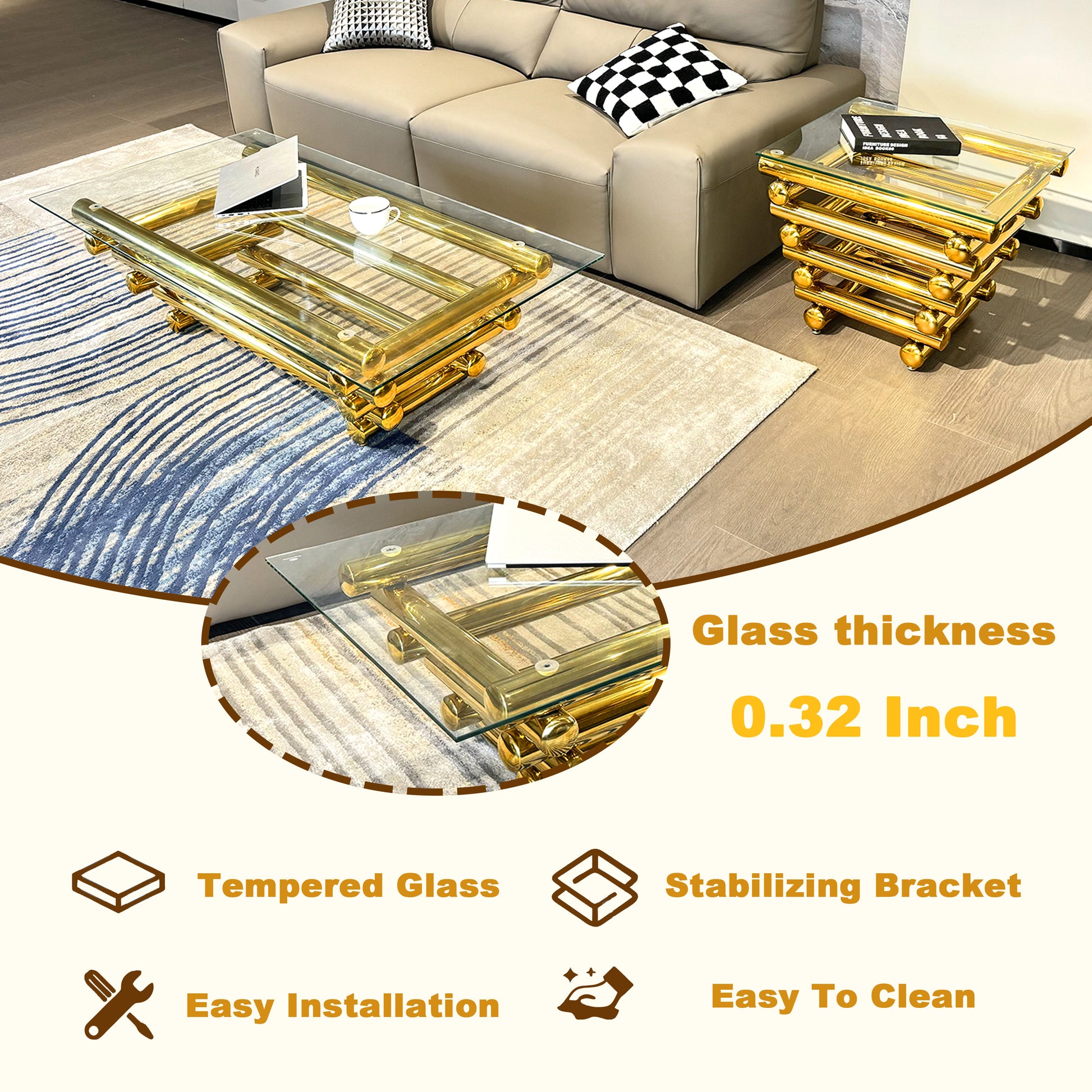 Gold Stainless Steel Double Layer Clear Tempered Glass Coffee Table For Bed Room, Living Room Clear,Gold Modern Open Storage Stainless Steel,Tempered Glass