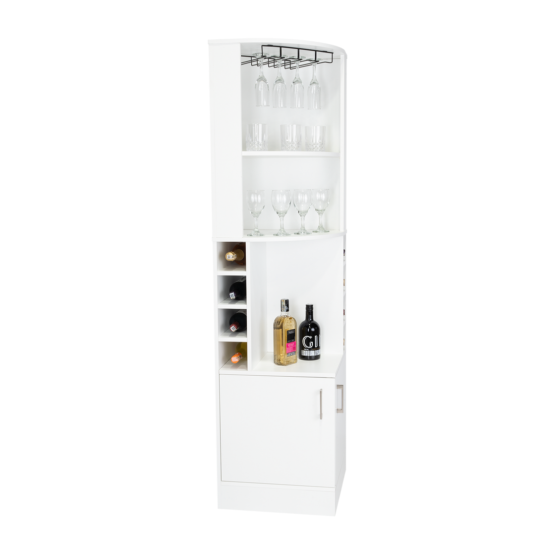 71" H White Corner Bar Cabinet, With Two Shelves At The Top, 1 Glass Holder, 8 Exterior Bottle Racks, 1 Central Shelf And A Lower Drawer With 2 Side Doors White Particle Board Particle Board