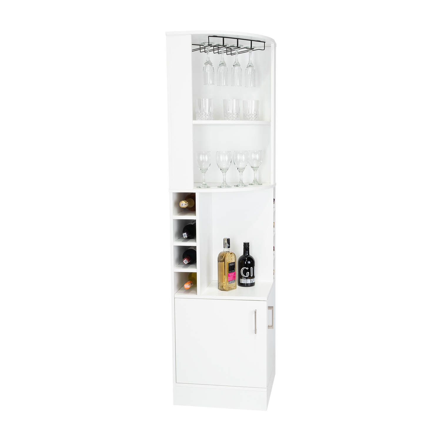 Corner Bar Cabinet 71" H, With Two Shelves At The Top, 1 Glass Holder, 8 Exterior Bottle Racks, 1 Central Shelf And A Lower Drawer With 2 Side Doors, White White Particle Board Particle Board