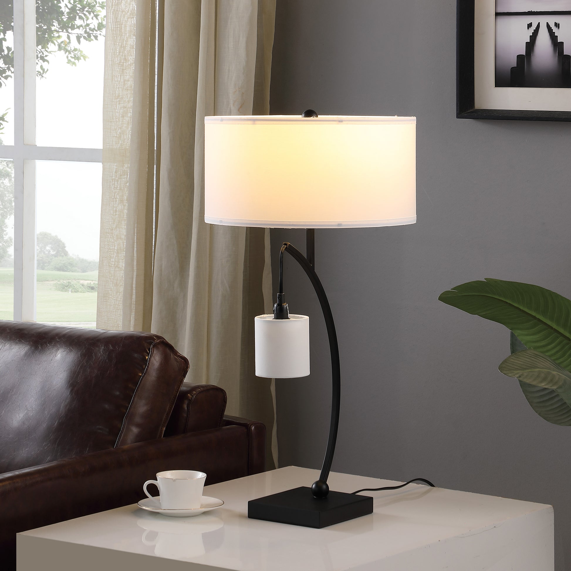 28.5" In Contemporary Dual Black Arc W Hanging Pendelum Lamp Metal Table Lamp Matte Black Metal