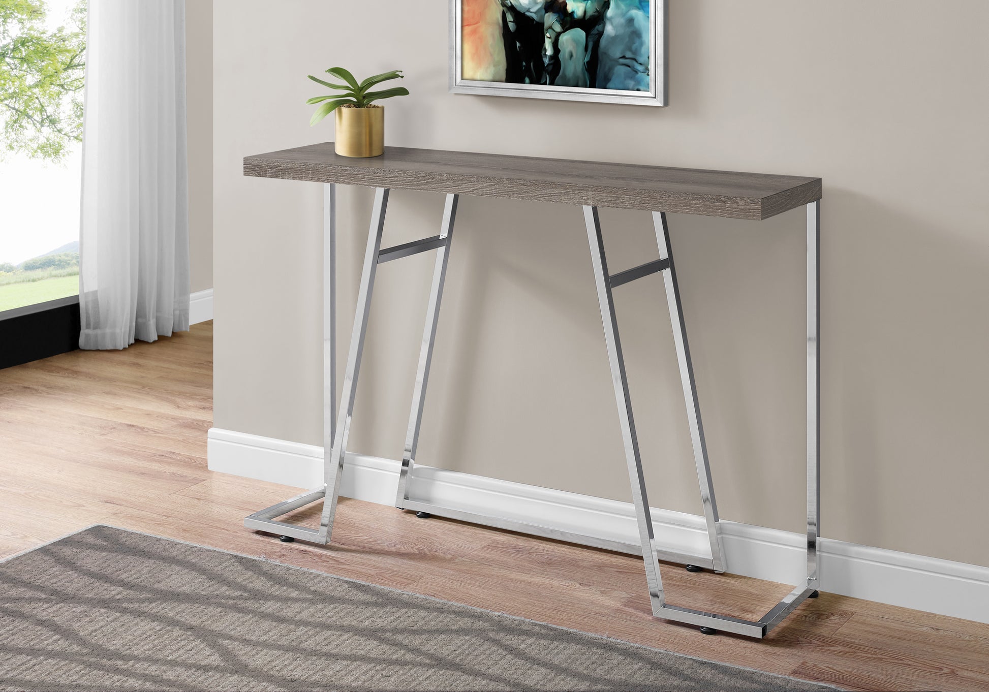 Accent Table, Console, Entryway, Narrow, Sofa, Living Room, Bedroom, Brown Laminate, Chrome Metal, Contemporary, Modern Taupe Particle Board