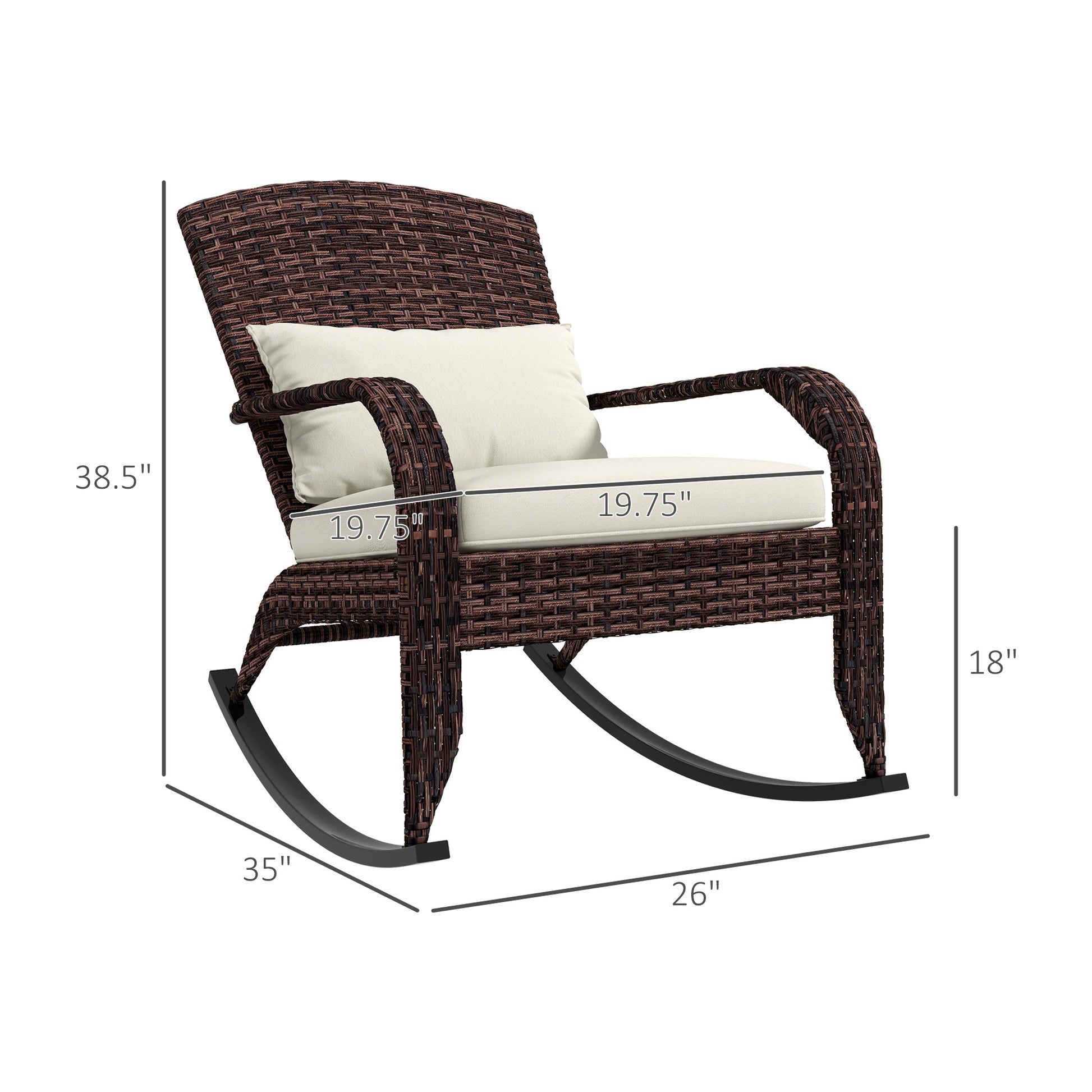 Outsunny Outdoor Wicker Adirondack Rocking Chair, Patio Rattan Rocker Chair With High Back, Seat Cushion, And Pillow For Garden, Porch, Balcony, Cream White White Rattan
