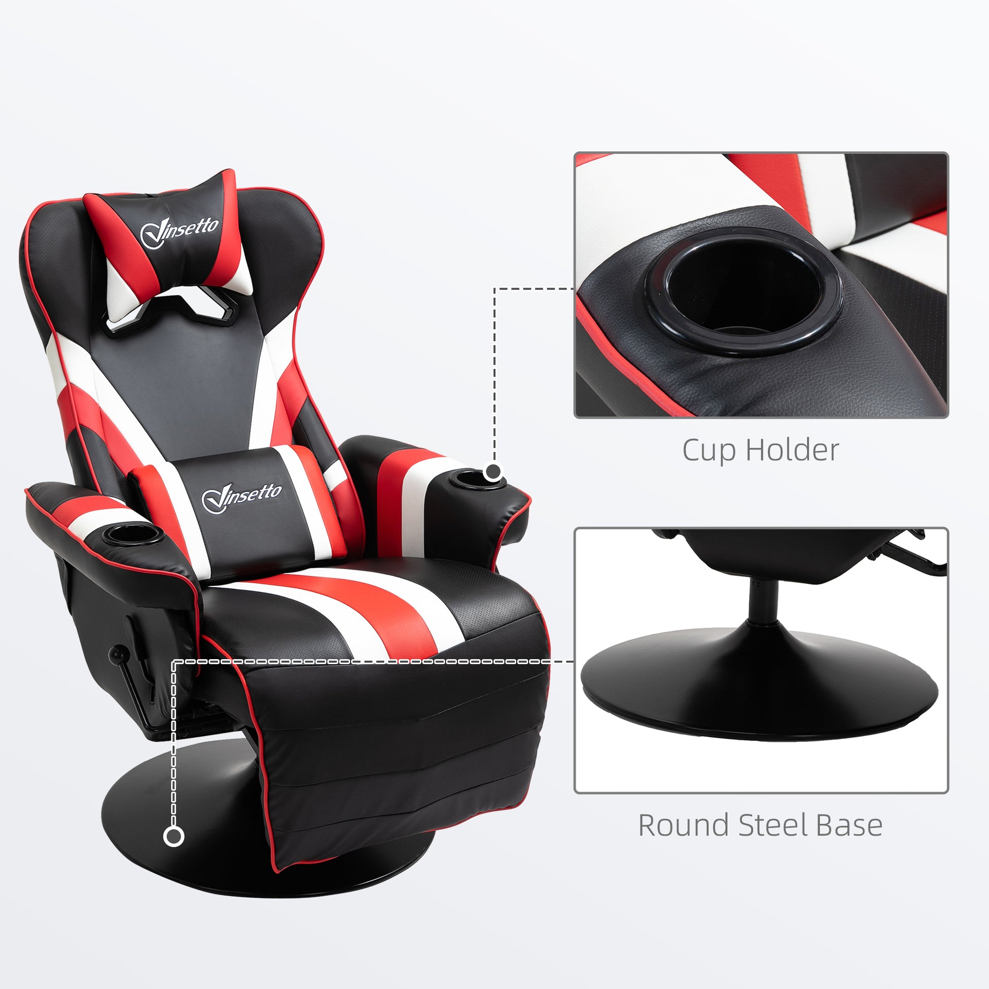 Vinsetto Gaming Chair, Racing Style Computer Recliner With Lumbar Support, Footrest And Cup Holder, Black White Red Black Red Steel