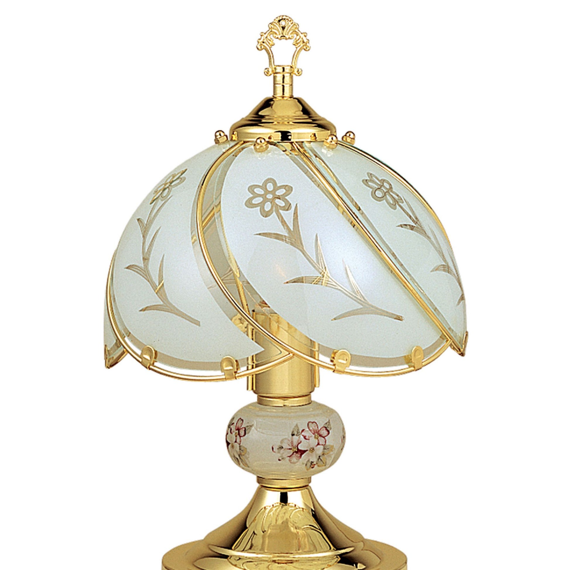 14.25" Tall Touch Table Lamp, Brushed Gold Finish, Floral Patterned Glass Shade Gold Metal