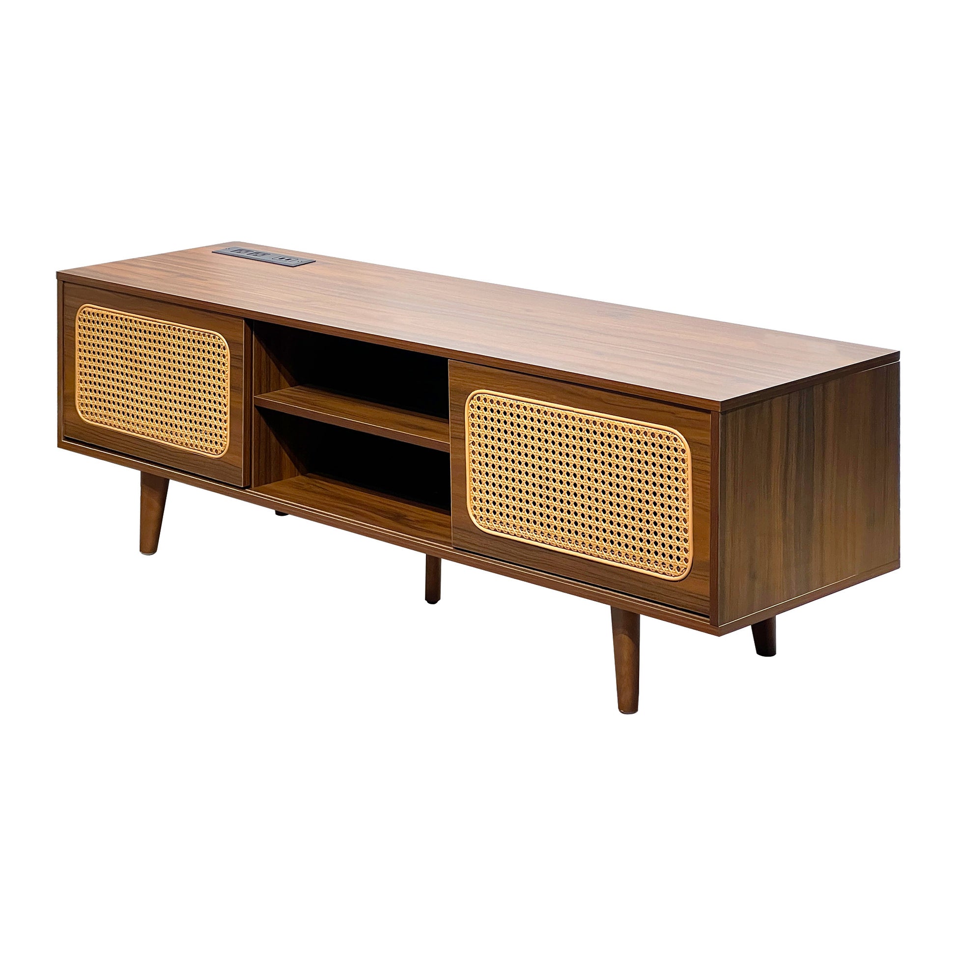 Mid Century Modern Rattan Tv Stand For 55 60 65 Inch Tventertainment Cabinet, Media Console For Living Room Bedroom Media Room, Solid Wood Feet & Rattan Cabinet Doors Walnut, 59" Black Brown Brown
