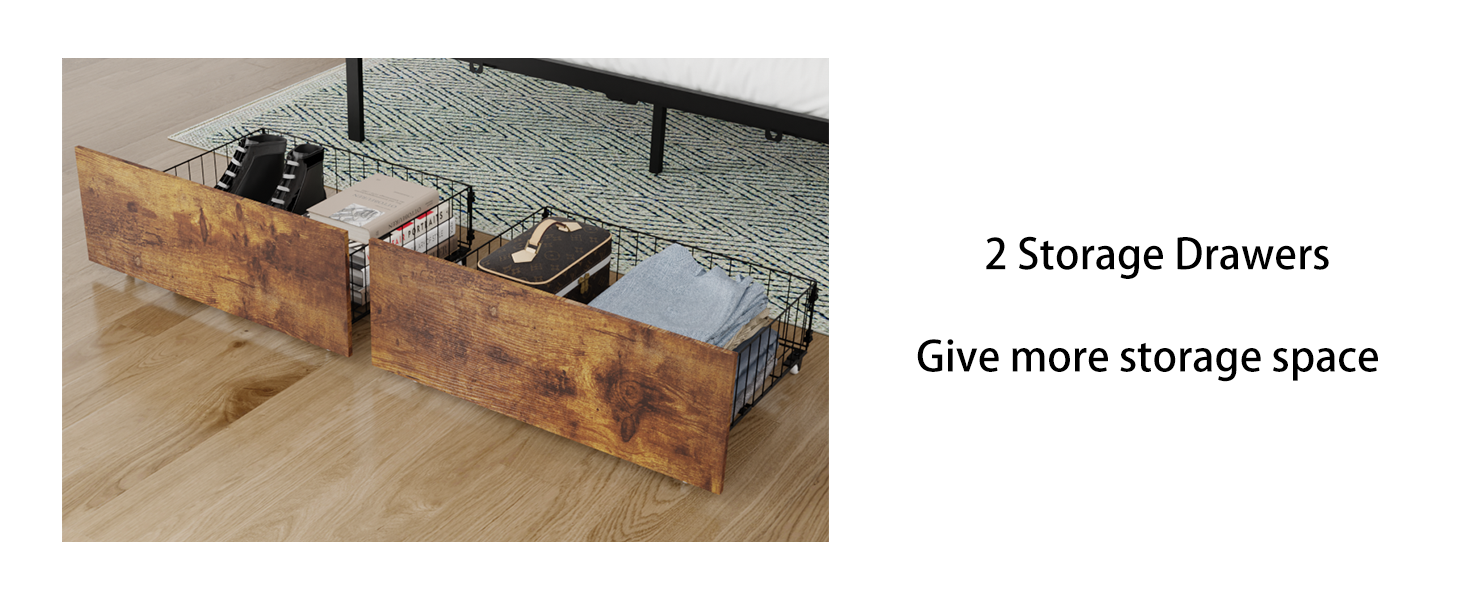 King Size Bed Frame With 2 Storage Drawers And Led Lights Headboard, Upholstered King Bed Frame With Charging Station, No Box Spring Needed, Easy Assembly Box Spring Not Required King Dark Brown Metal Bedroom Modern Bed Frame Velvet Mdf Metal