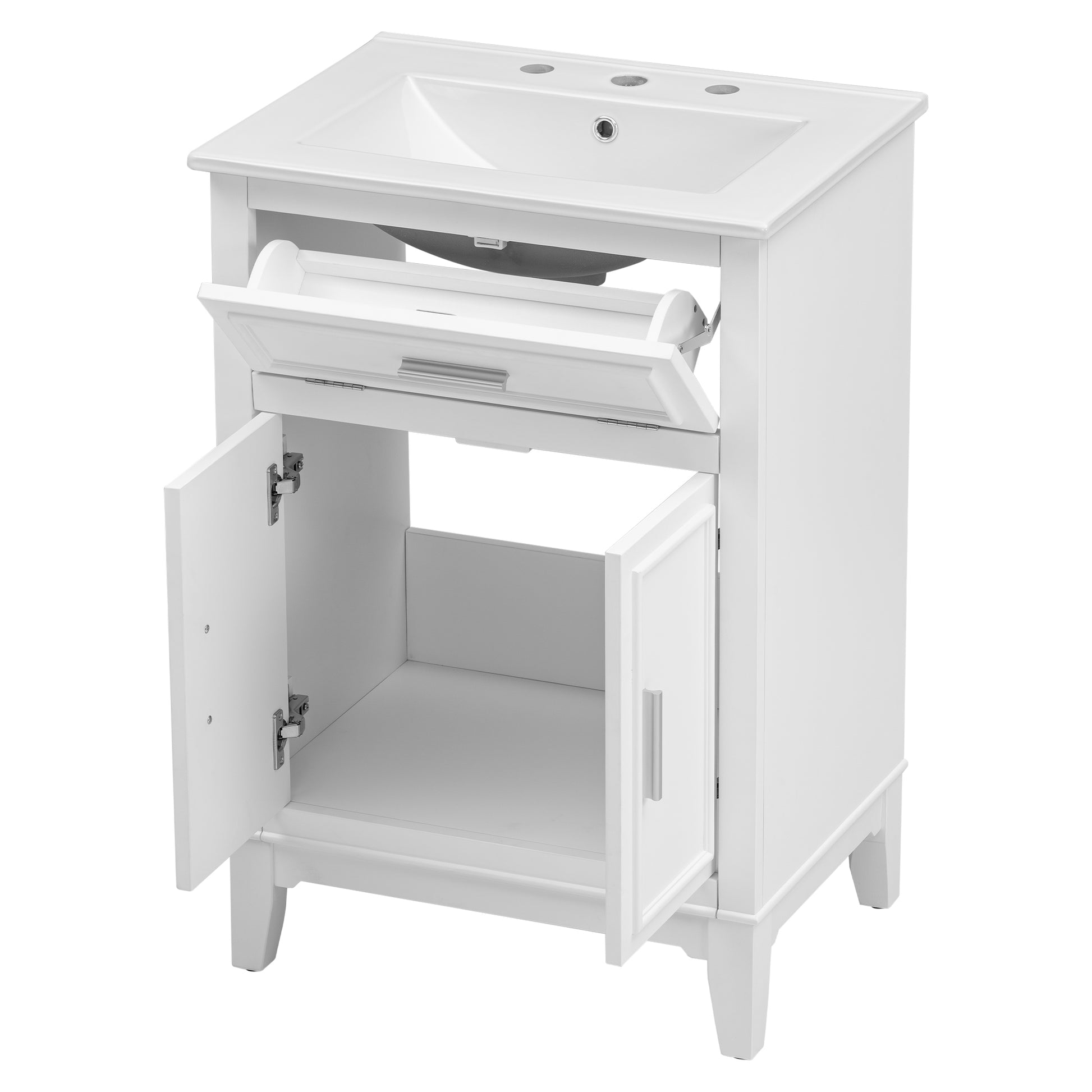 24" Bathroom Vanity With Sink, Bathroom Vanity Cabinet With One Flip Drawer And Doors, Solid Wood And Mdf, White White Solid Wood Mdf