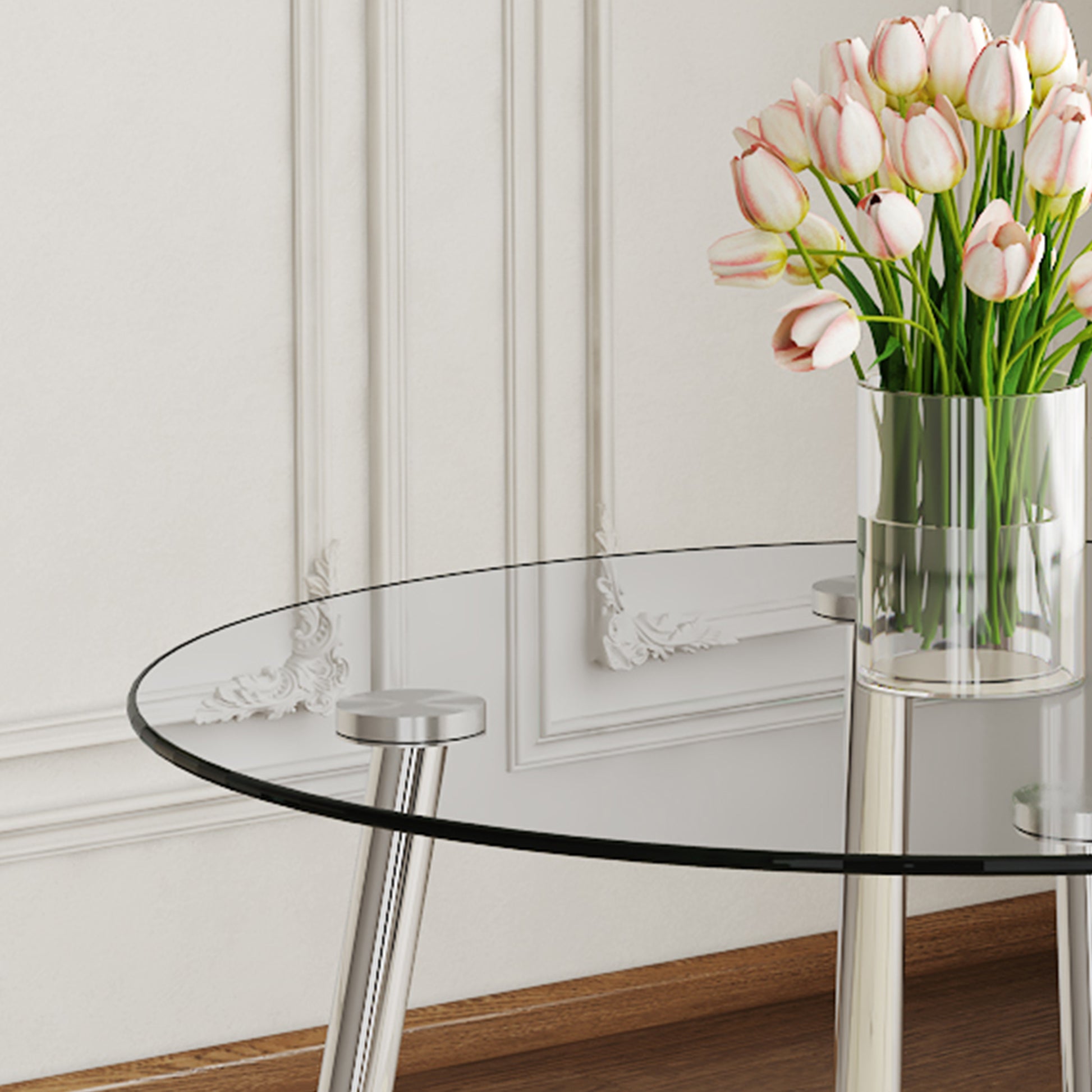 A Modern Minimalist Style Round Transparent Tempered Glass Table, Silver Metal Legs, Paired With 4 Modern Style Transparent Dining Chairs,Bringing A Luxurious Experience. Transparent Seats 4 Glass