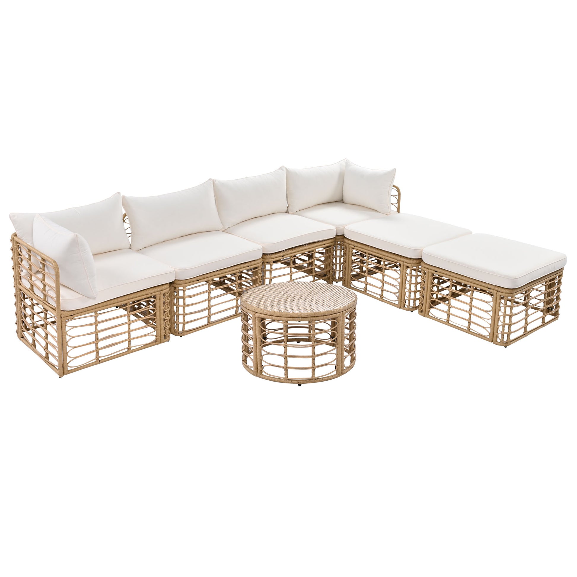 7 Pieces Outdoor Patio Furniture, All Weather Rattan Sectional Sofa Set With Thick Cushions And Pillows, Freely Combined Conversation Sets For Garden, Backyard, Balcony, Beige Yes Complete Patio Set Beige Seats 6 Garden & Outdoor Complete Patio Sets Foam