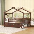 Full Size Wooden House Bed With Twin Size Trundle, Walnut Full Walnut Solid Wood Mdf