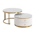 Modern 2 Pieces White Round Nesting Coffee Table With Drawers In 27.6'' Gold White Drawers Coffee & End Tables Glossy Round Metal Mdf Pedestal