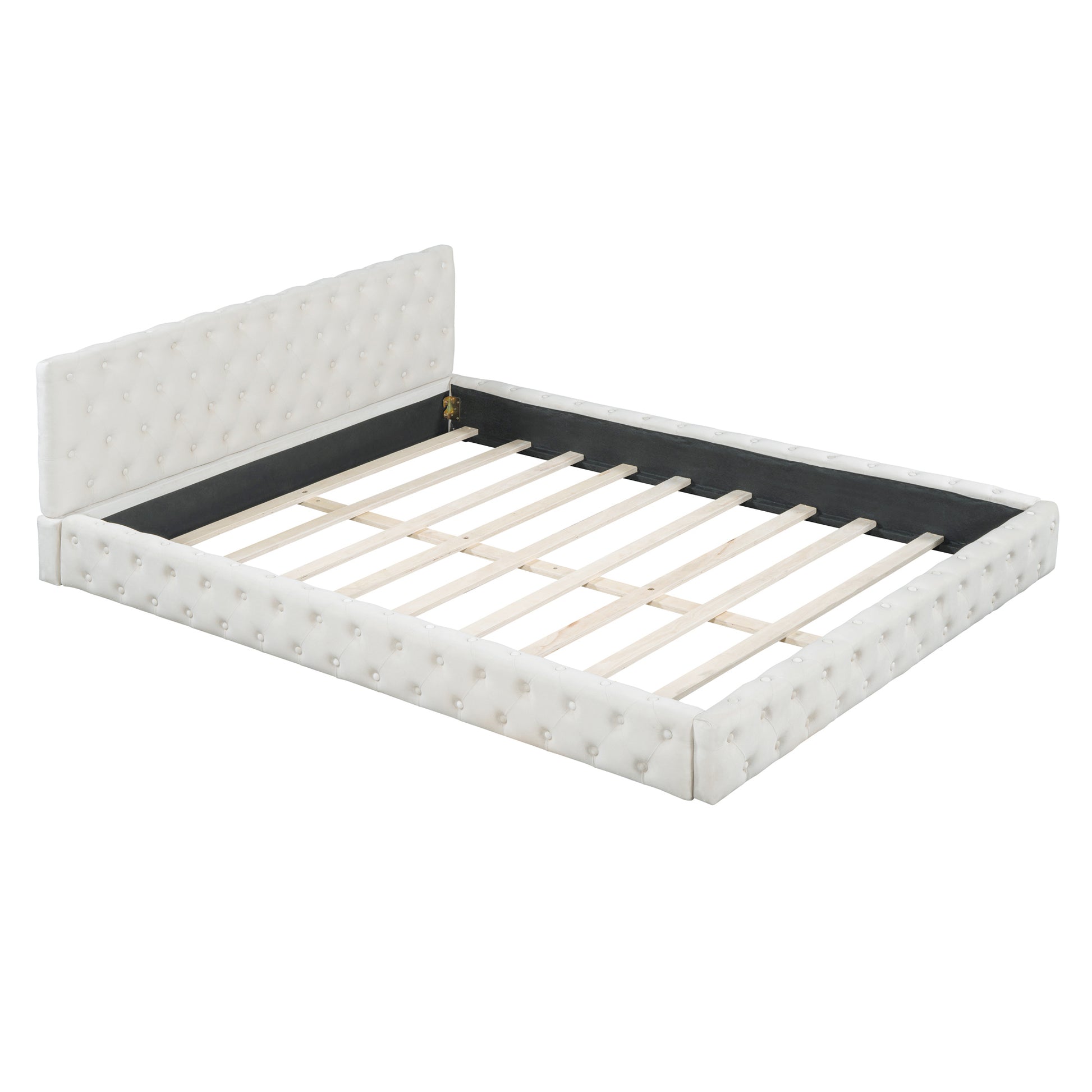 Queen Size Velvet Upholstered Platform Bed, With Luxurious Diamond Grid Headboard,Beige Queen Beige Plywood