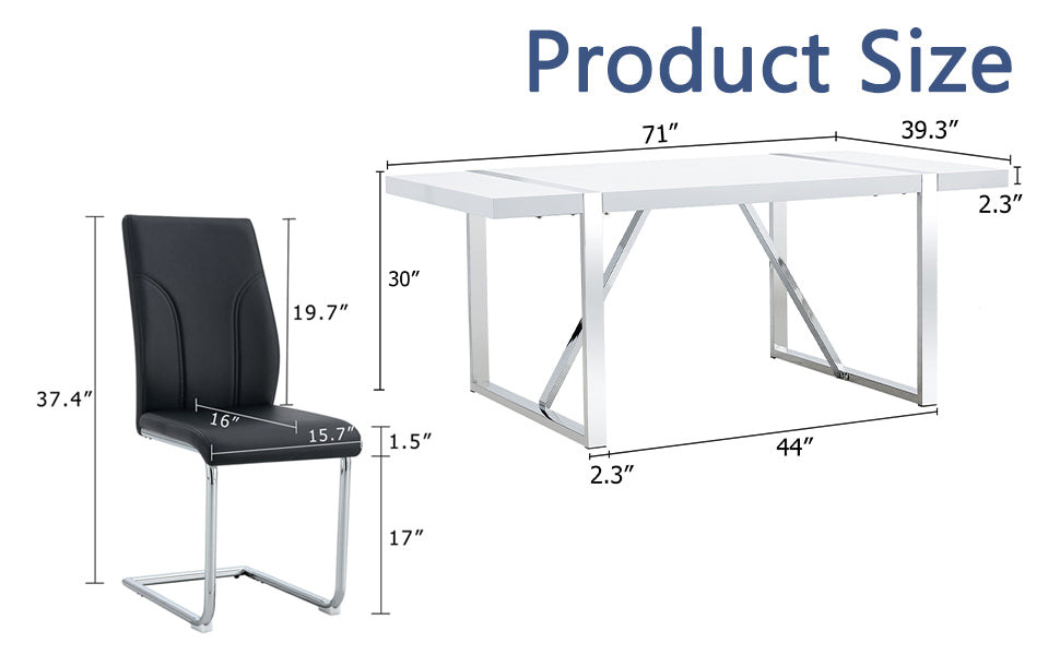 Table And Chair Set.71"X39.3" White Mdf Painting Dining Table Set With 8 Black Pu Chairs.Showcasing A Modern And Stylish Look.Suitable For Dining Room.Mdf Painting,Iron Pipe Plating,Pu Chiairs.